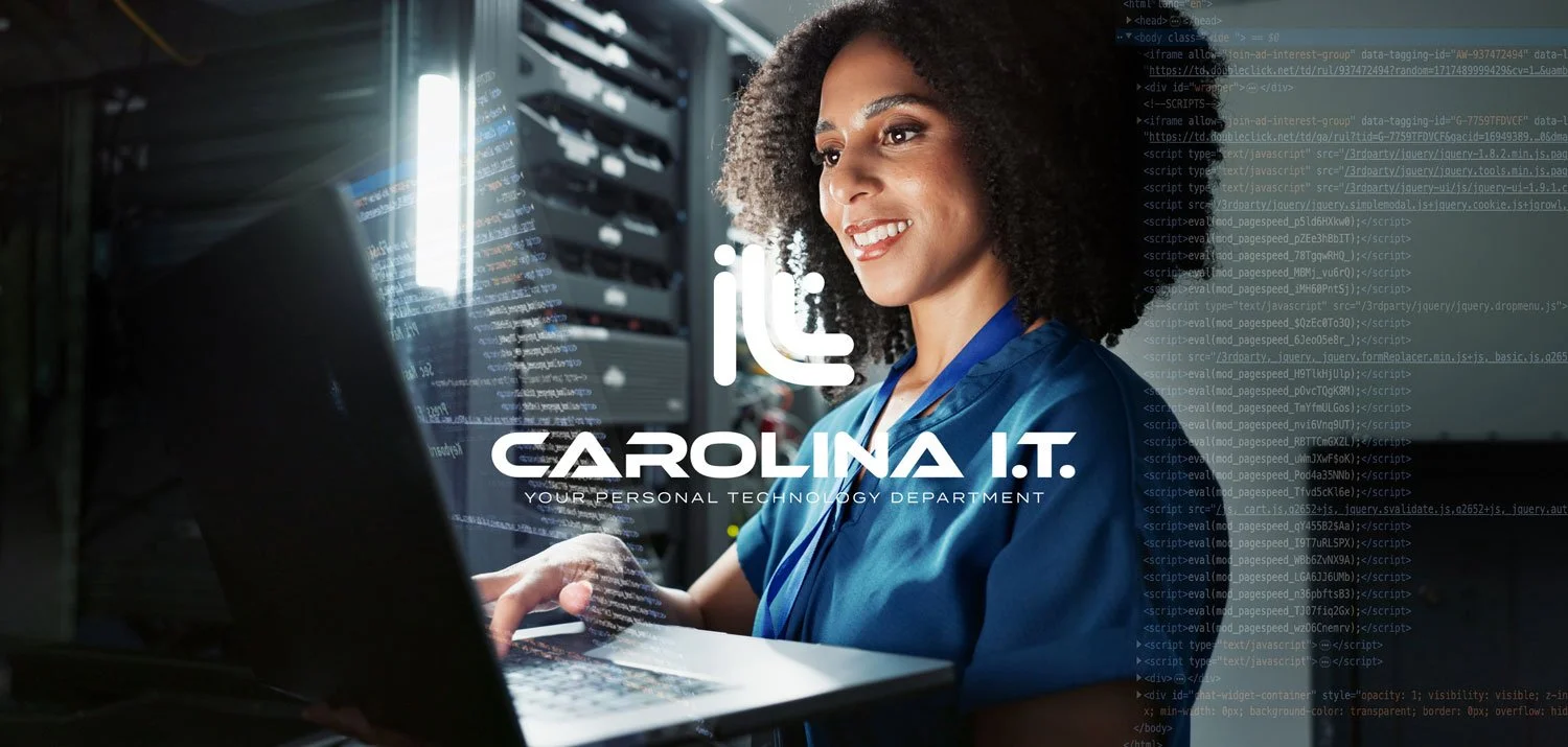 A woman working on a laptop in a data center with servers behind her, with the text 'it CAROLINA. I.T. YOUR PERSONAL TECHNOLOGY DEPARTMENT' overlaid.