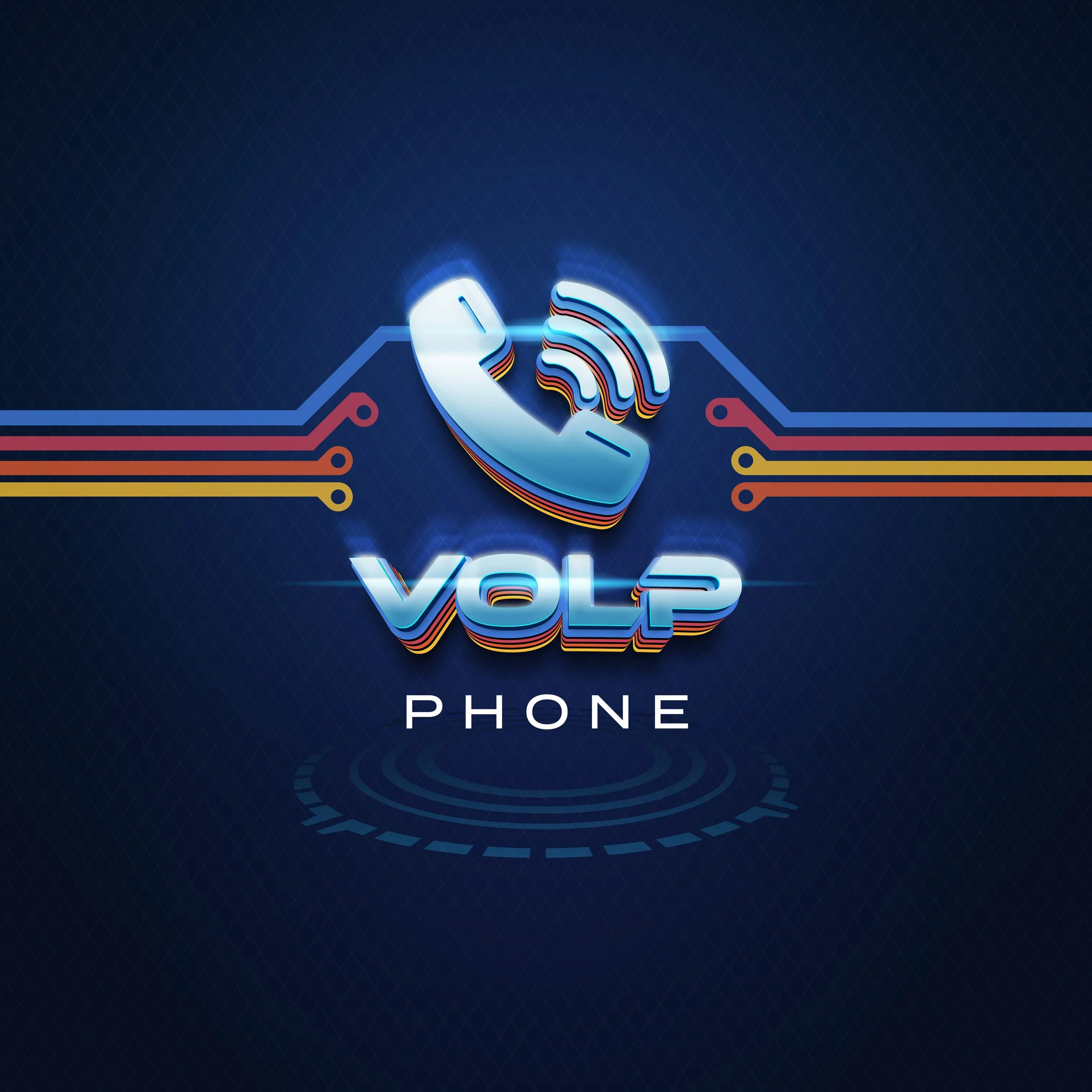 A digital graphic design featuring a white phone with colored rings and a wireless signal icon, with a circuit-like design and the text 'Your Phone' in stylized font on a dark blue background.