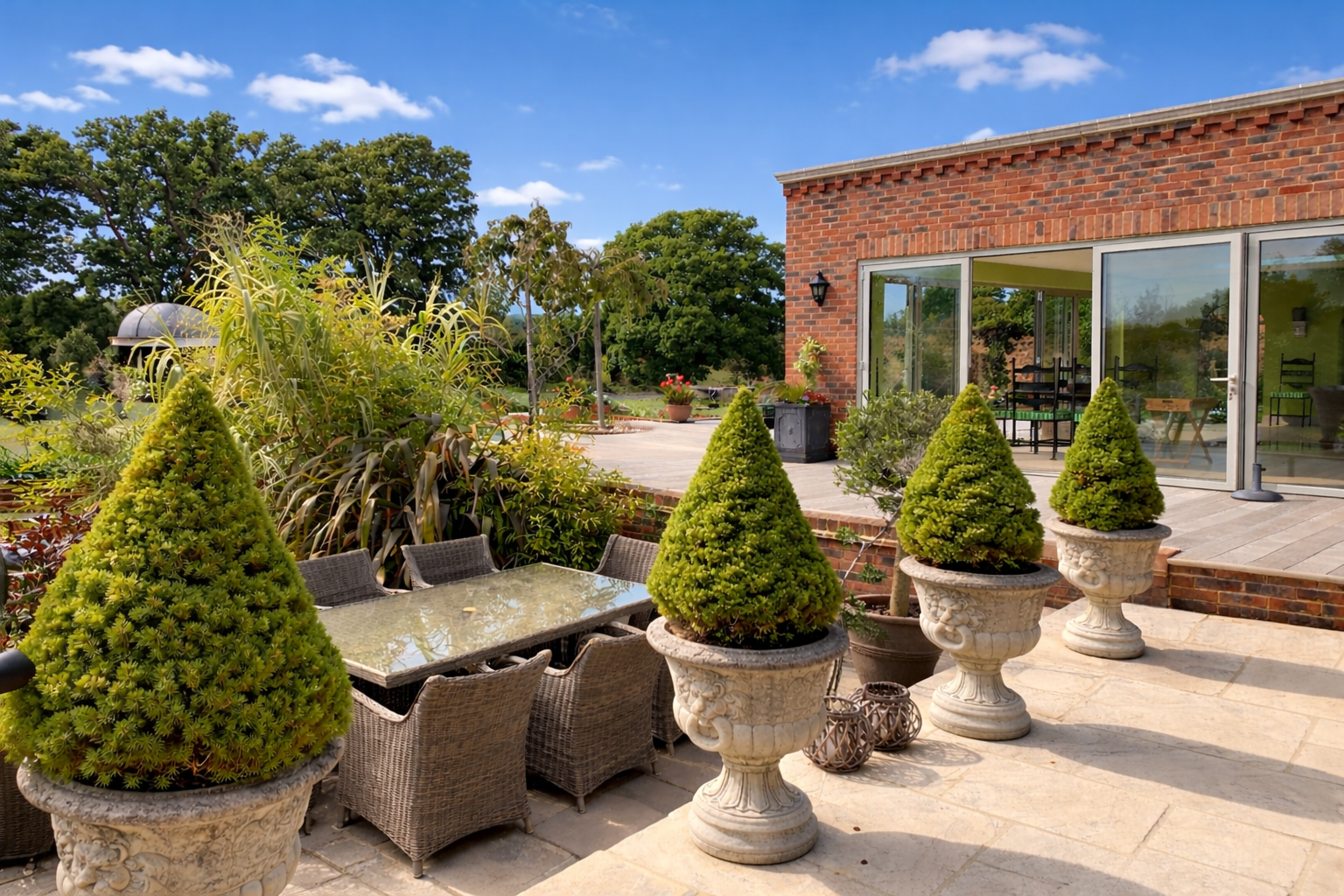 Outdoor patio with a glass table, wicker chairs, potted shrubs, and a house with indoor visible through sliding glass doors, surrounded by lush green trees under a blue sky.