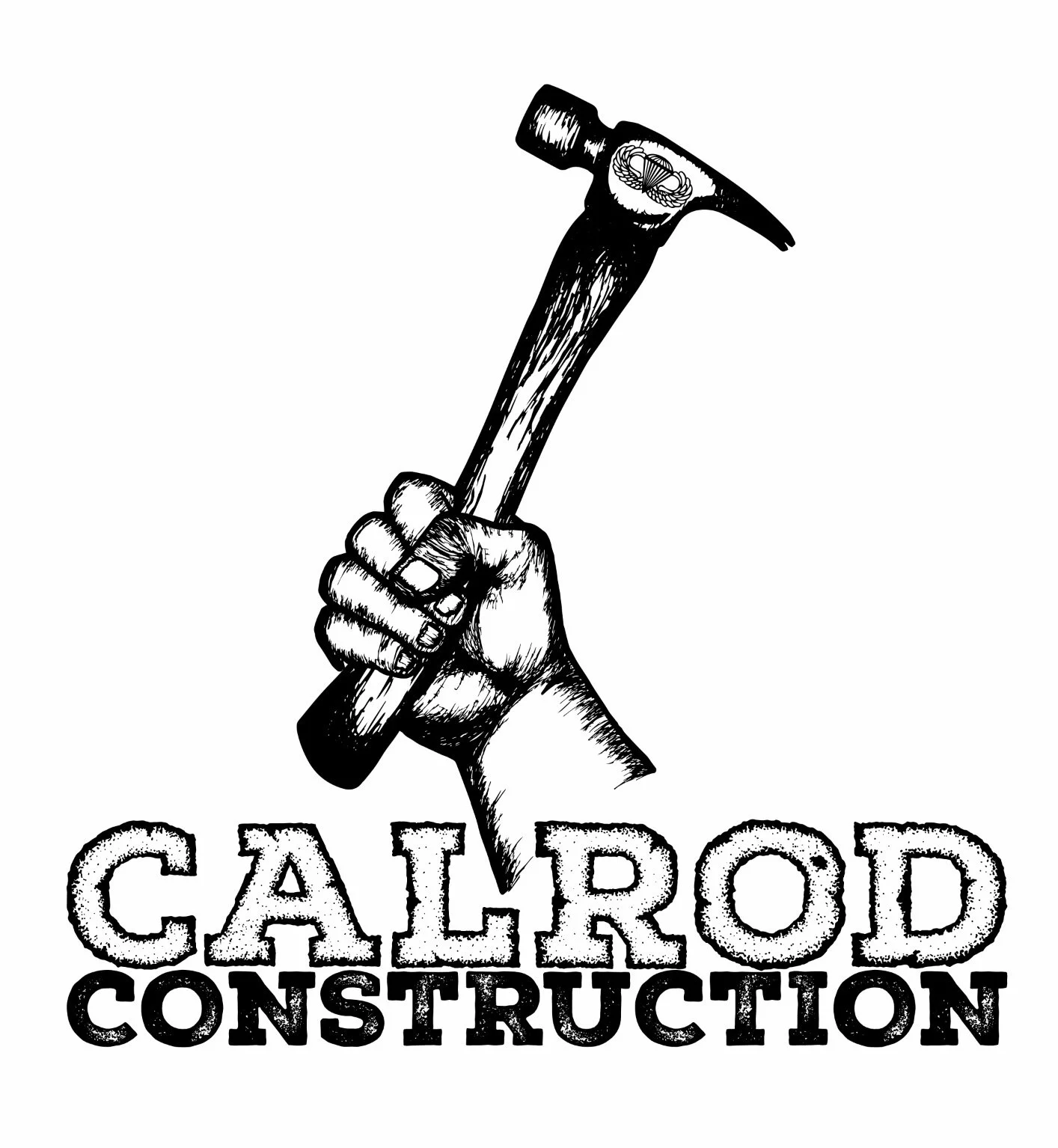 A black and white illustration of a hand holding a hammer, with the words 'CALROD CONSTRUCTION' beneath it.
