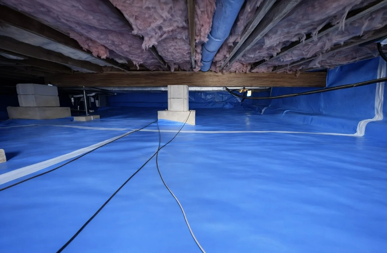 Photo of a crawl space with blue vapor barrier on the ground, wooden beams, insulation, and plumbing pipes.