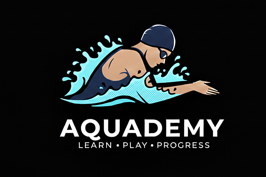 Logo d'une personne nageant, portant une ligne de natation et un bonnet, avec le texte "AQUAEMY" et "LEARN . PLAY . PROGRESS".