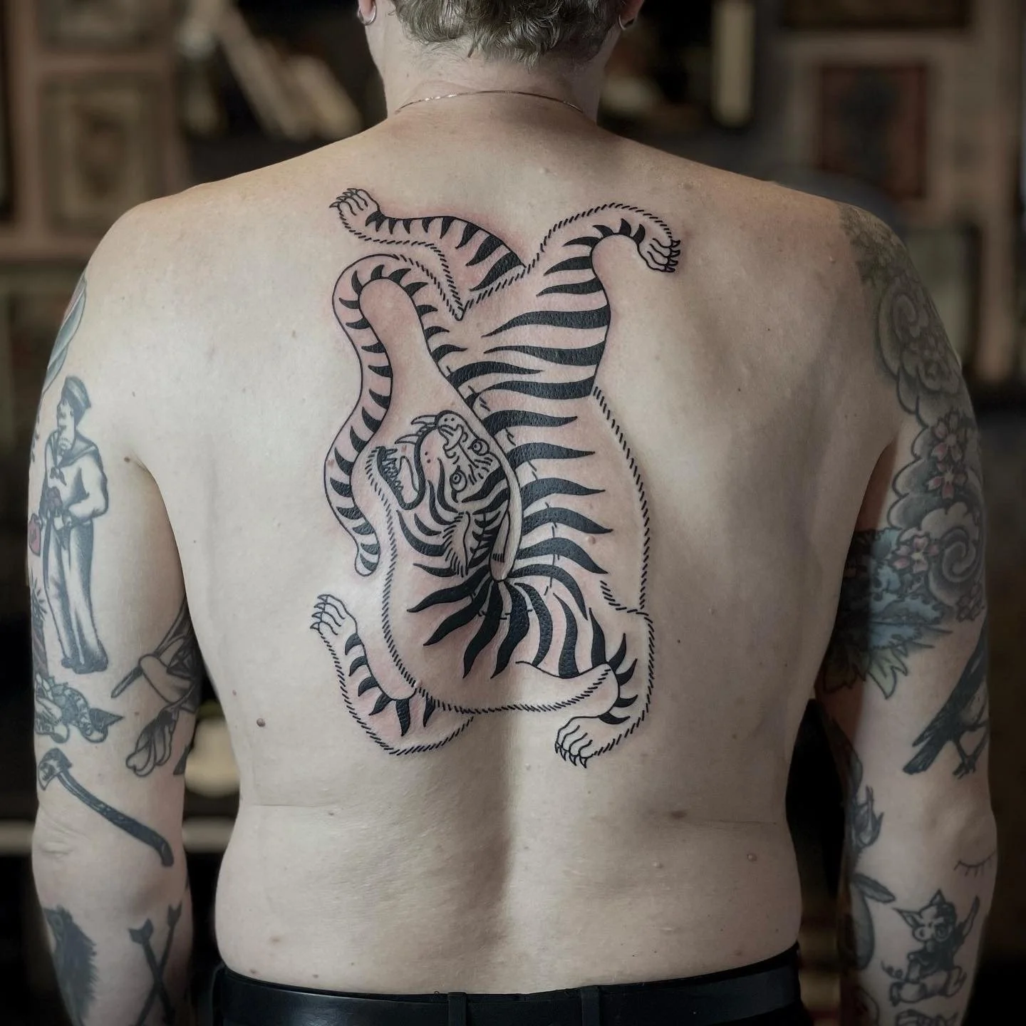 A person's back with a large tattoo of a tiger intertwined with a zebra, in black ink, surrounded by multiple tattoos on the arms.