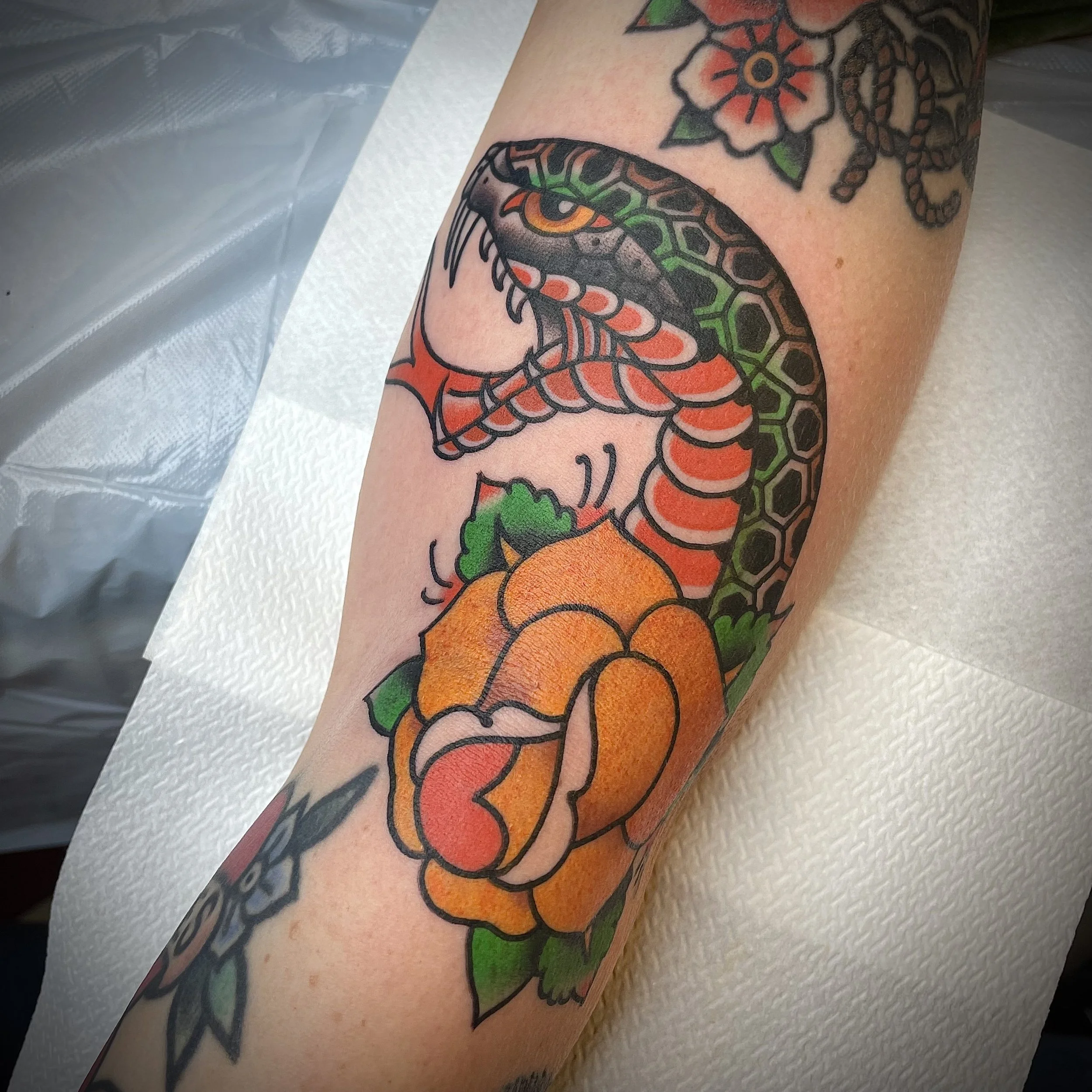 A colorful tattoo of a snake intertwined with an orange rose on a person's arm.