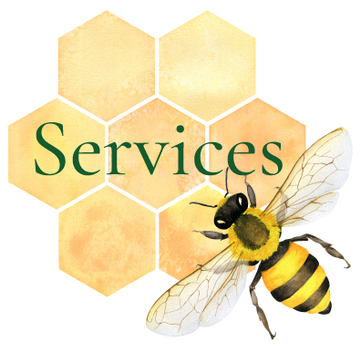 Graphic with honeycomb pattern and a bee, displaying the word 'Services'