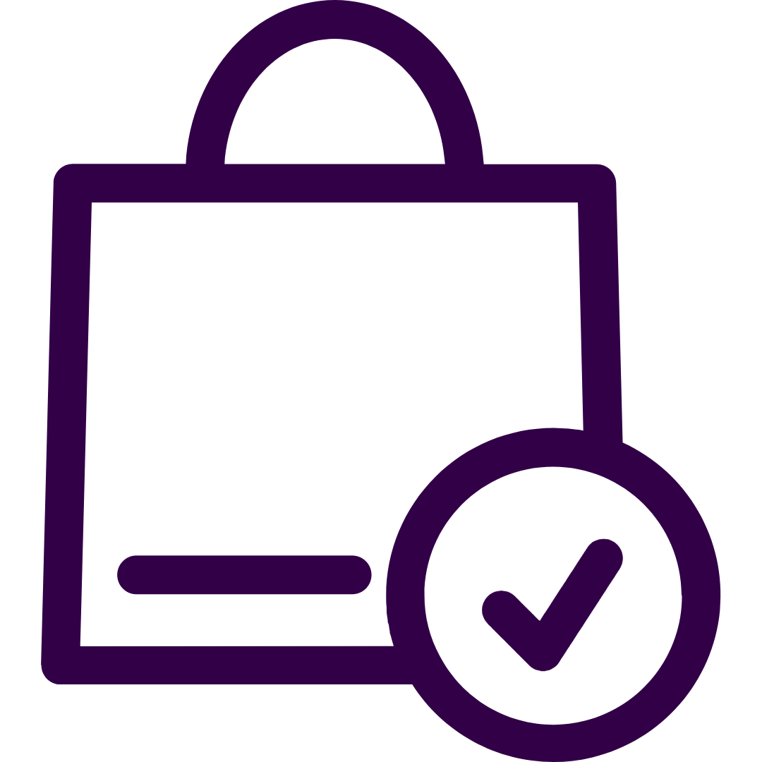 Icon of a shopping bag with a checkmark in a circle, symbolizing a successful purchase or approved shopping.