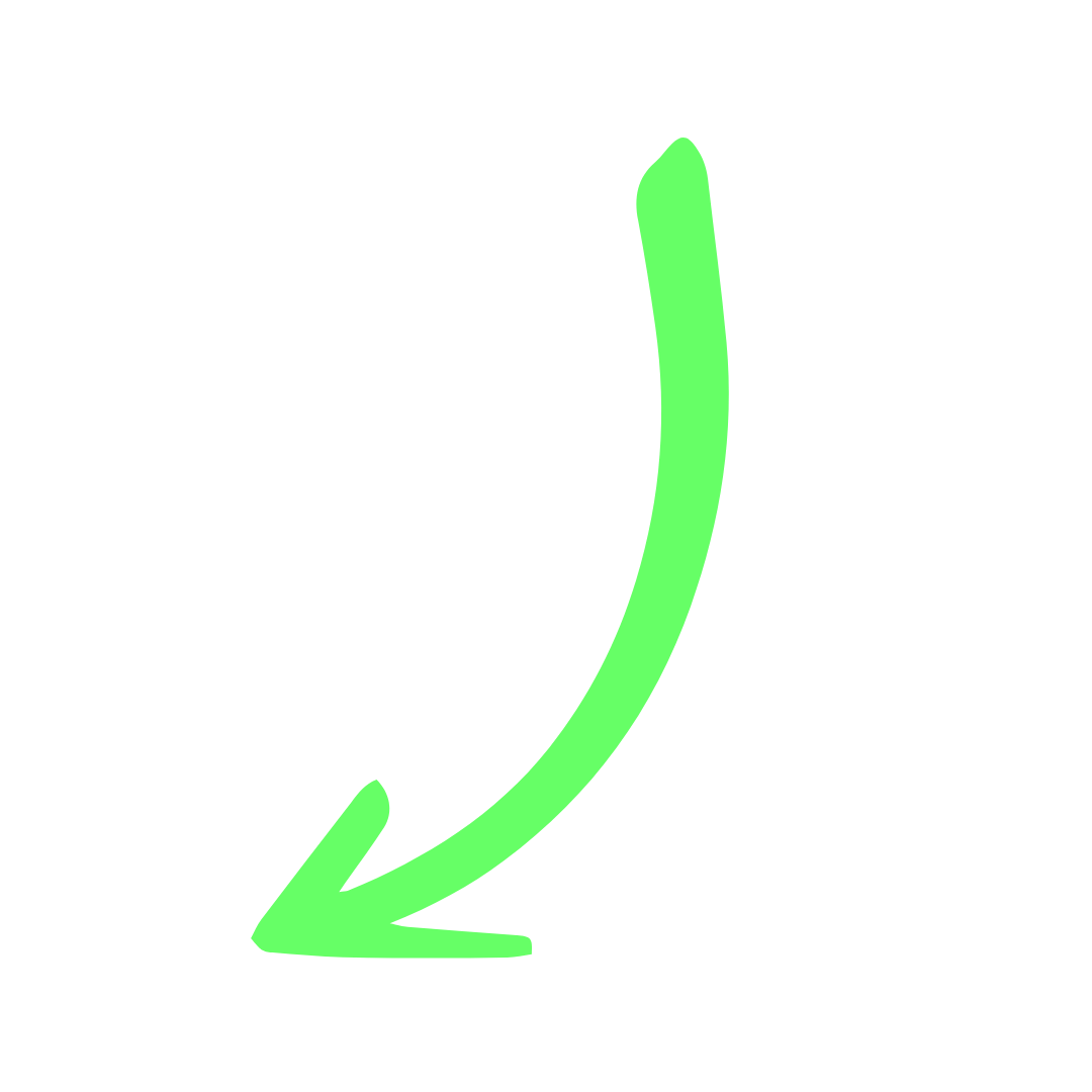 Bright green arrow pointing down and to the left over a black background.