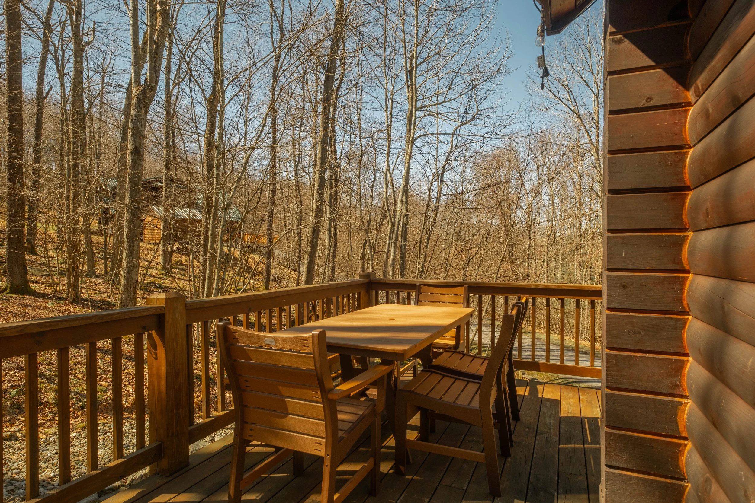 A wooden deck with a table and four chairs, overlooking a wooded area with leafless trees and a clear blue sky.