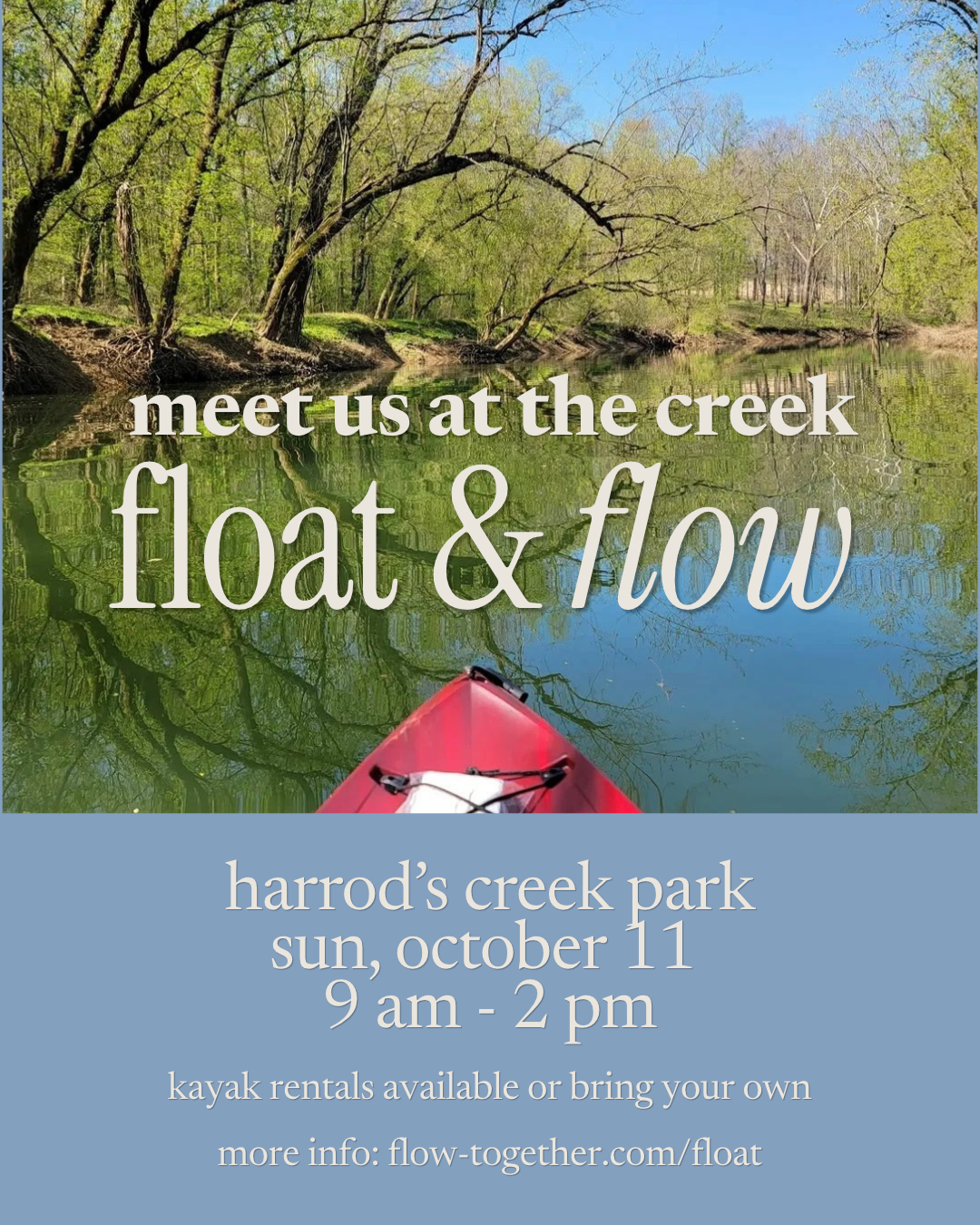 A kayak on a calm creek surrounded by trees with fresh green leaves during the day. The water reflects the trees and sky, and there is text overlaid on the image advertising a kayak event at Harrod's Creek Park on October 11 from 9 am to 2 pm, with details about kayak rentals and a website link.