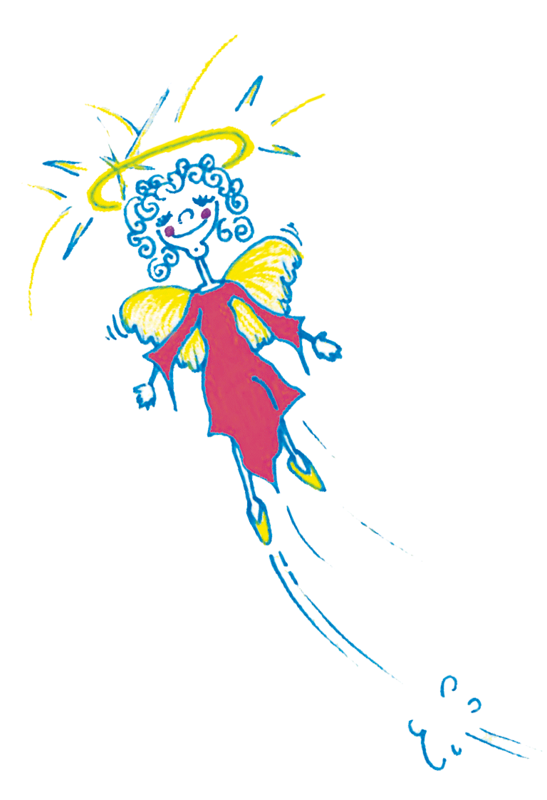 Fröhliche Fee mit blauen lockigen Haaren, gelben Flügeln, rotem Kleid und Heiligenschein, der umherfliegt.