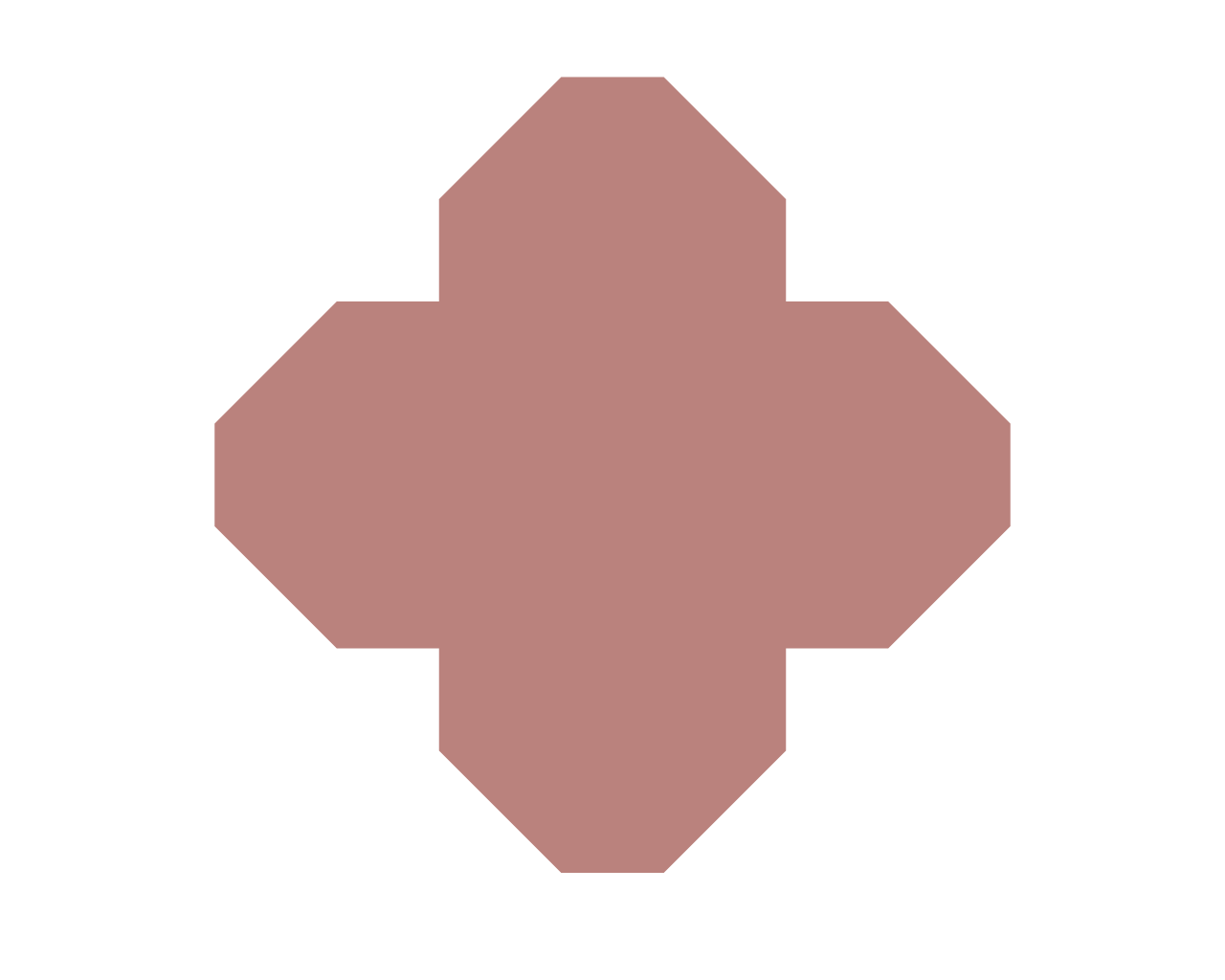 A pixelated, symmetrical cross-shaped design with a pinkish-brown color on a black background.