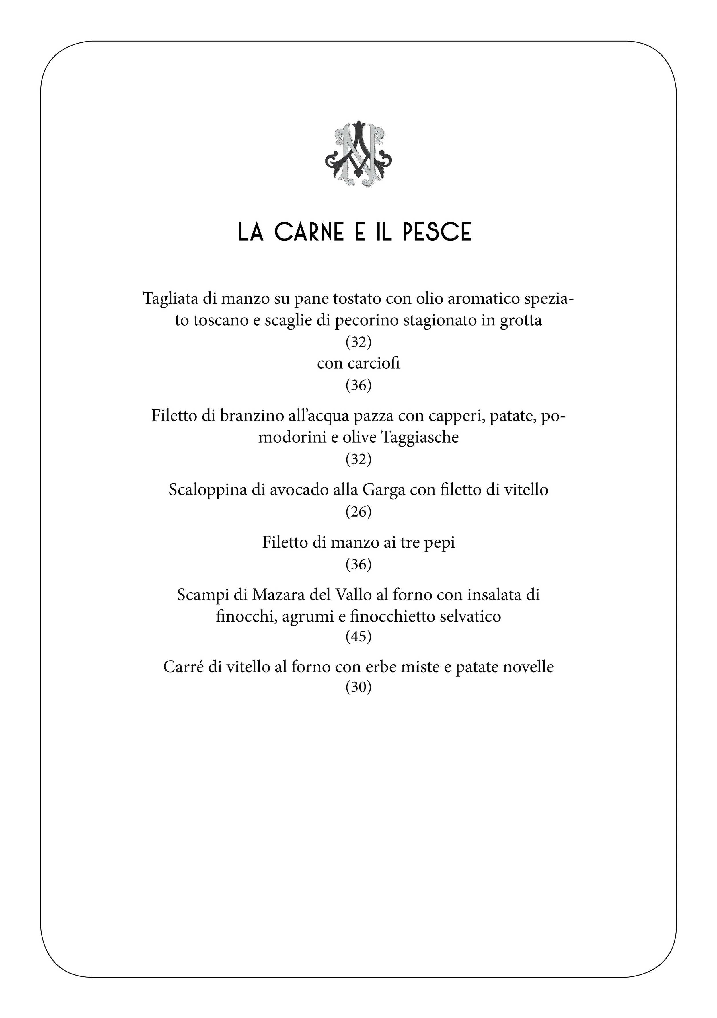 A restaurant menu page titled "La Carne E Il Pesce" with various meat and fish dishes listed in Italian.