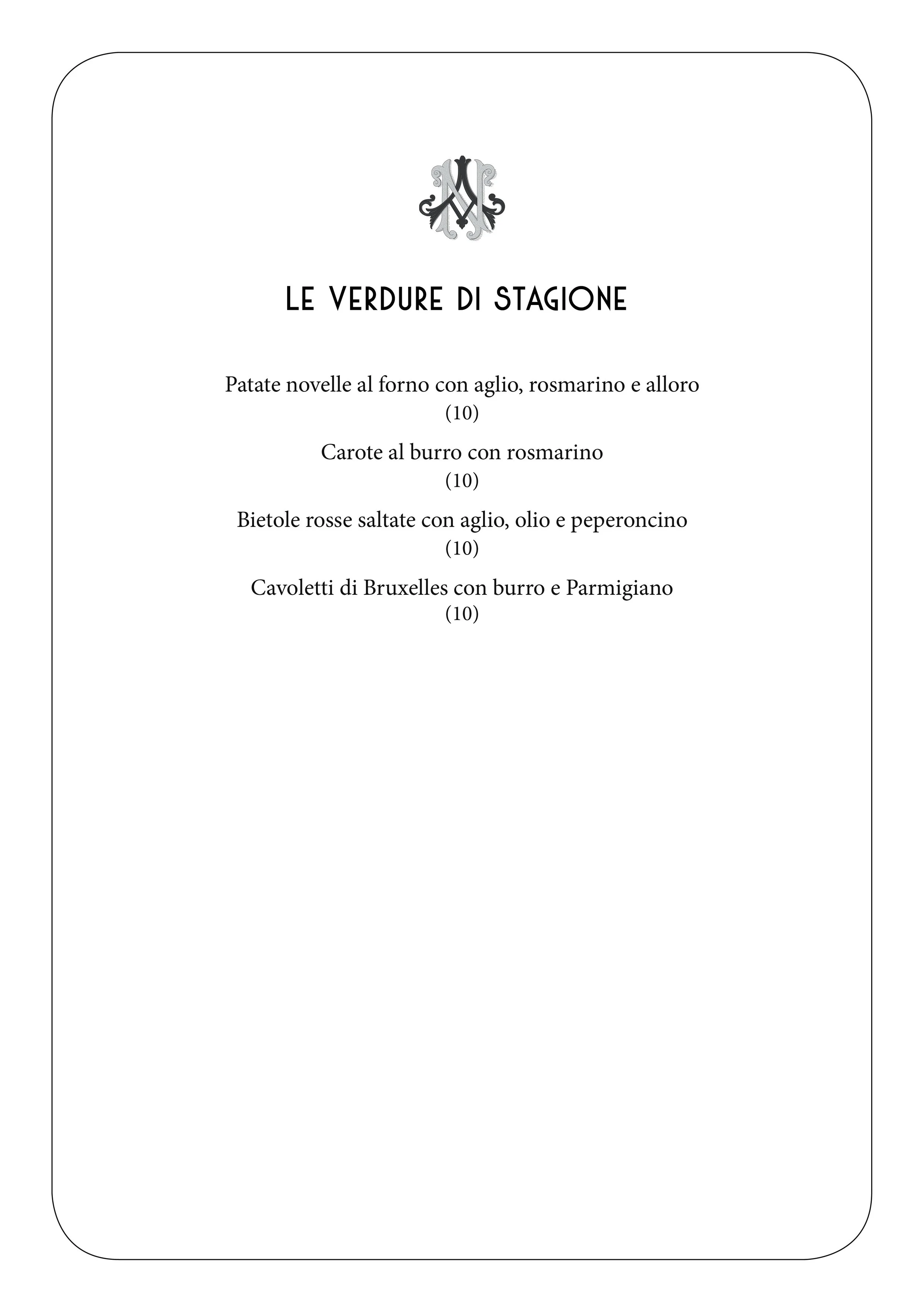 Menu of seasonal vegetables in Italian listing four dishes with their prices in euros.