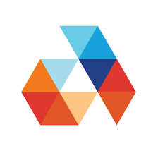 Abstract geometric design with interlocking hexagons in shades of blue, orange, red, and cream.