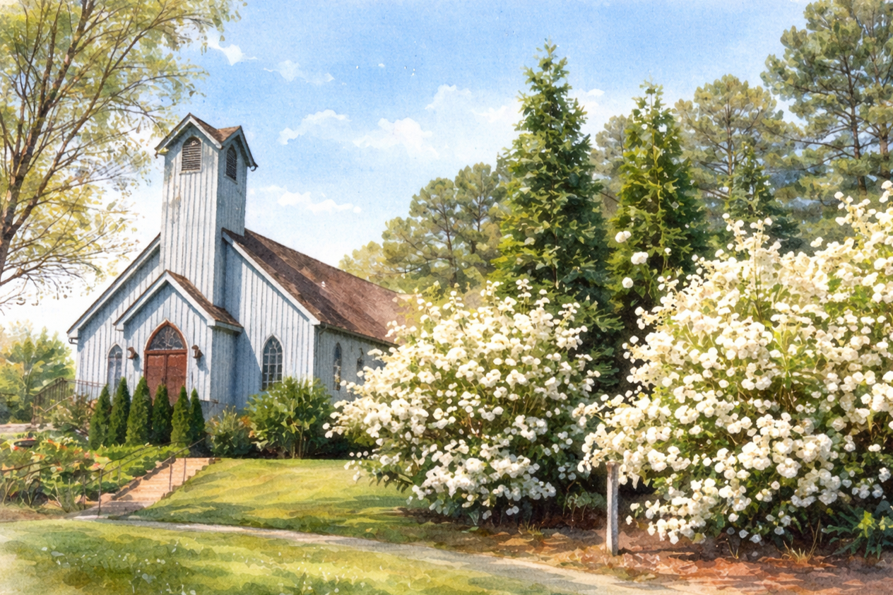 Illustration of a white wooden church building with arched windows, a steeple, surrounded by green trees and flowering bushes under a blue sky.