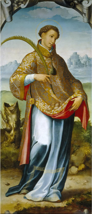 Painting of a young saint holding a palm branch, dressed in ornate robes with a halo, standing outdoors with a cityscape and cloudy sky in the background.