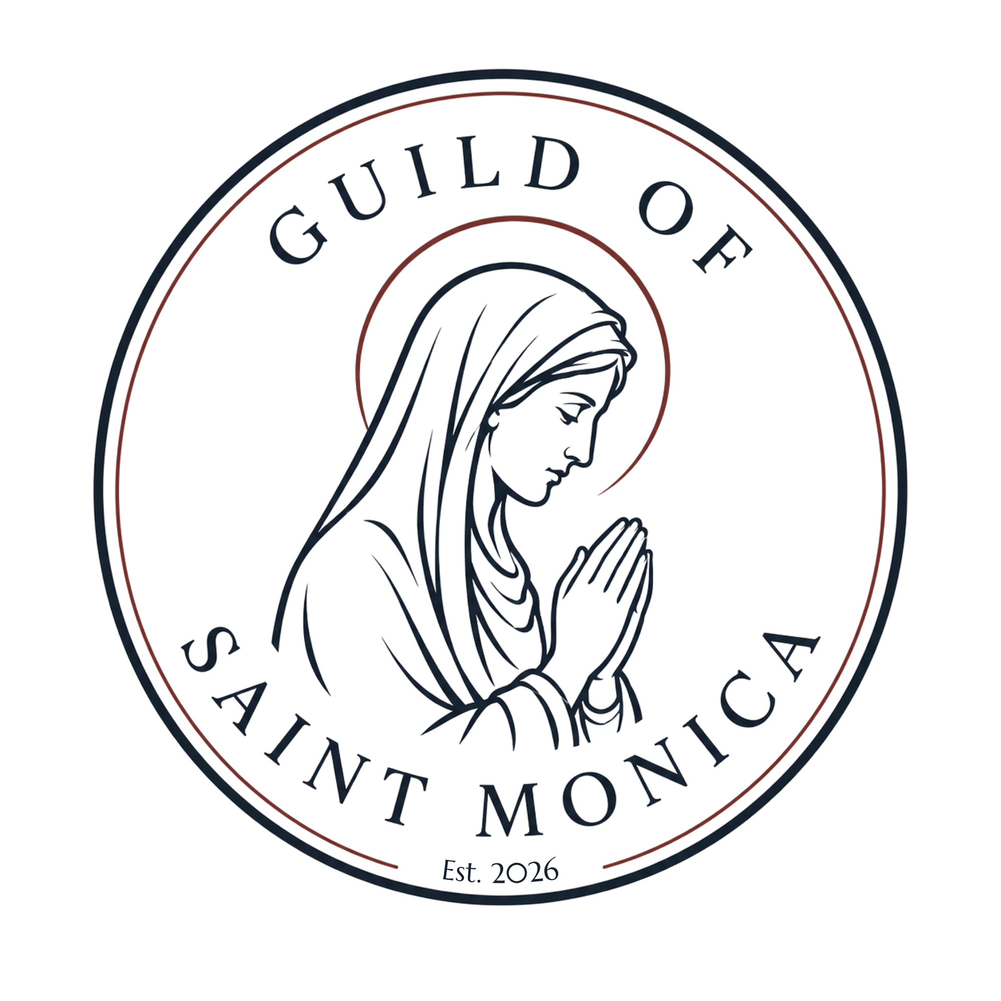 Logo featuring a line drawing of the Virgin Mary with hands in prayer, surrounded by a circular text reading 'GUILD OEF', 'EST. 2026', and additional words.