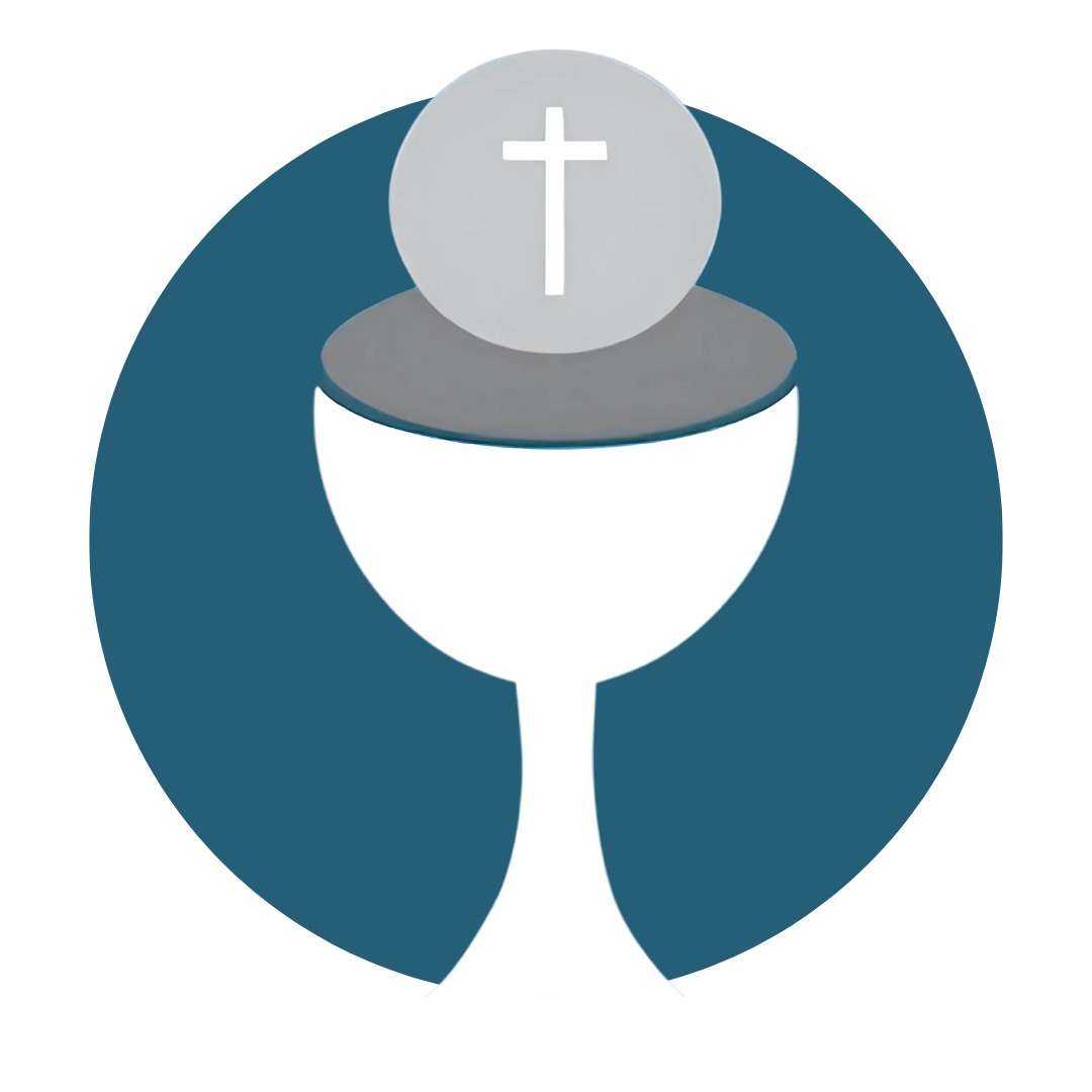 A white communion chalice with a tablet featuring a cross on top