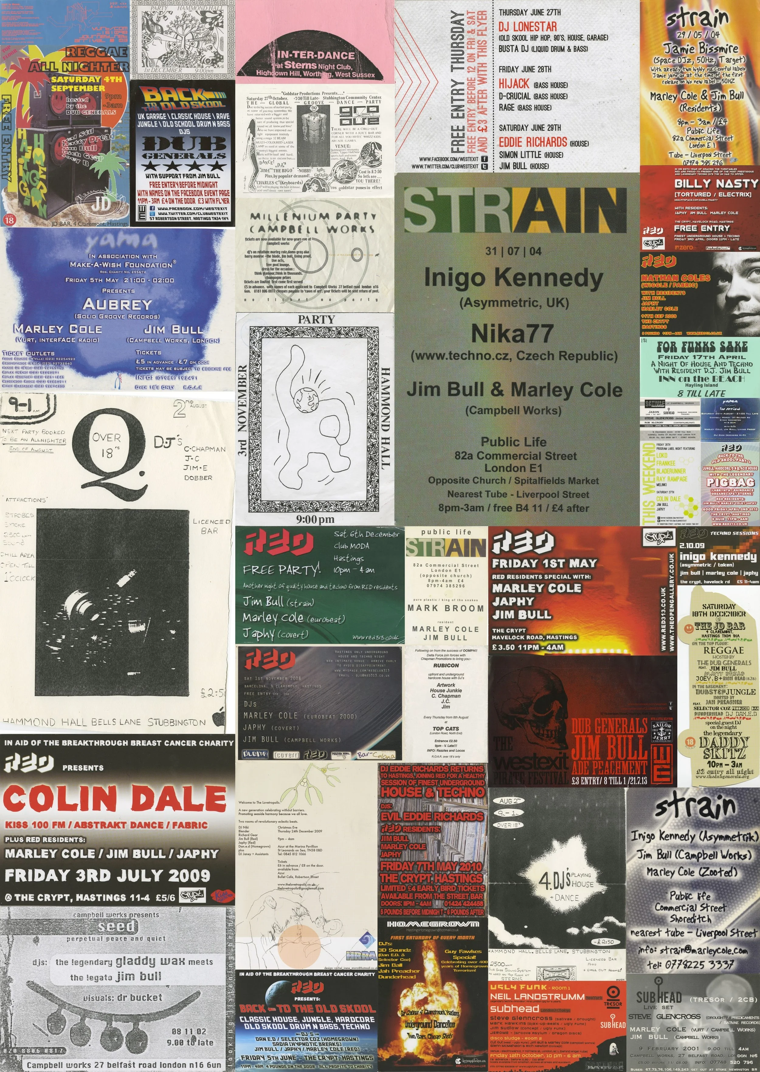 Collection of various electronic dance music and event flyers from 2004 to 2010, featuring artists such as Inigo Kennedy, Jim Bull, Marley Cole, Colin Dale, and others, with details of upcoming club nights, parties, and events at different venues in the UK.
