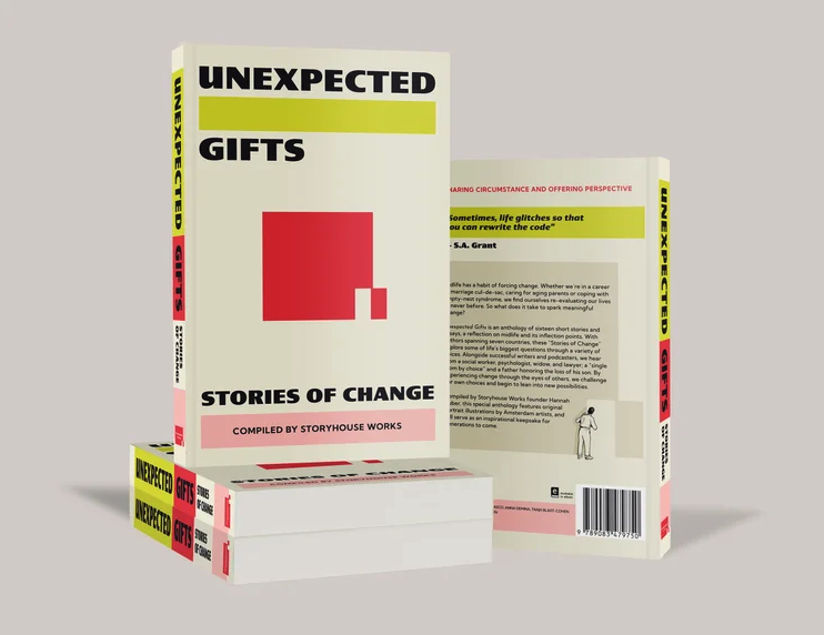 Cover of a book titled 'Unexpected Gifts: Stories of Change', with a minimalist design, red square with a white smaller square in the bottom right corner, and yellow, pink, and black accents.