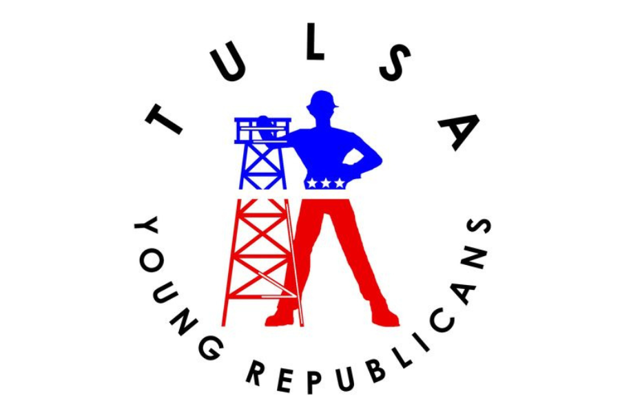 Logo of Tulsa Young Republicans featuring a stylized oil rig and worker in red and blue.