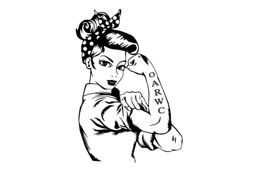 Illustration of a woman in a Rosie the Riveter pose, flexing her arm with a tattoo reading "OARWC" on her bicep, wearing a polka dot bandana.