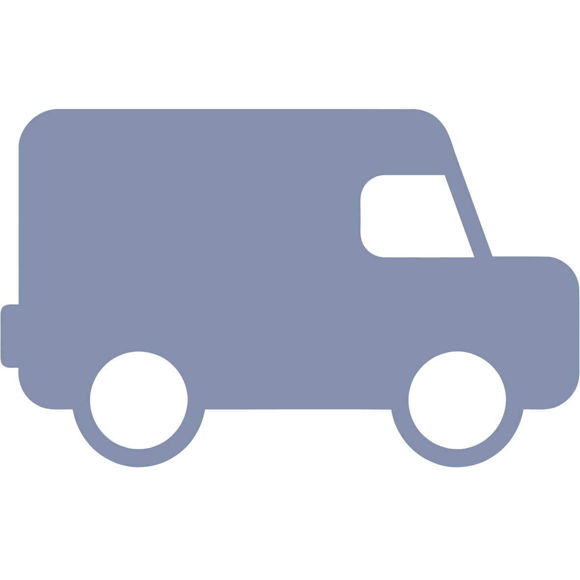 Icon of a delivery van in blue with black wheels and a window, simplified and minimalistic design.