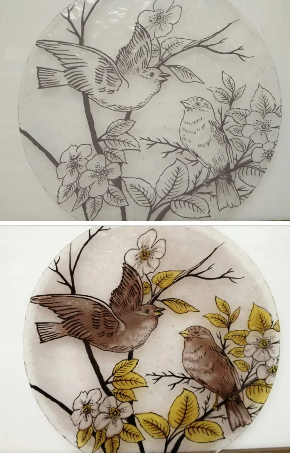 Decorative ceramics plate featuring a detailed illustration of two birds on tree branches with flowers and leaves, one in black and white and the other colored.