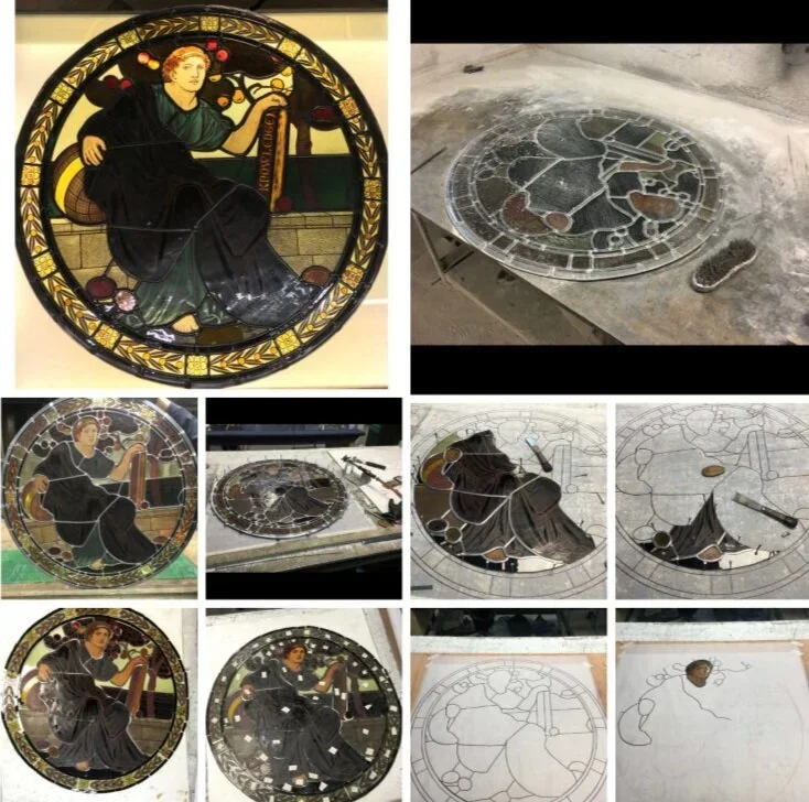 Series of photos showing the restoration process of stained glass clocks with medieval knight images, including initial sketches, glass cutting, and partial completed clock faces.