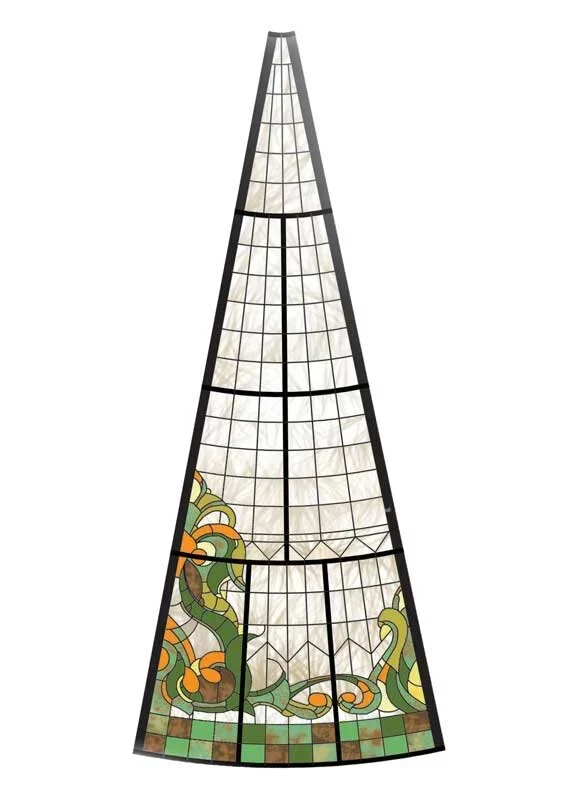 A cone-shaped stained glass window featuring a dragon design with green, yellow, and orange colors at the bottom, and clear glass panels above.