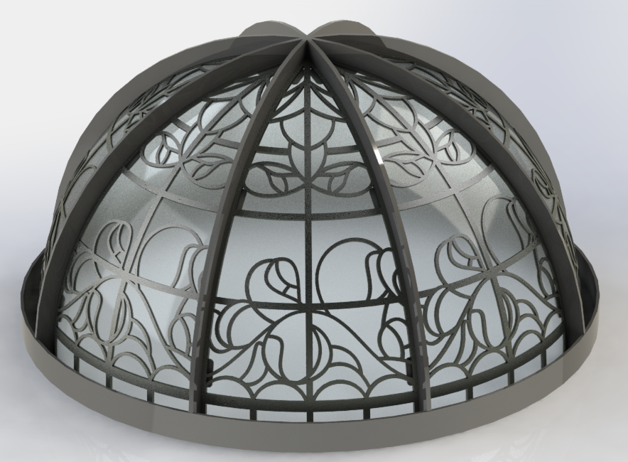 Elegant interior with a large stained glass dome ceiling, a crystal chandelier, ornate furniture, and a decorative metal cage structure in the center of the room.