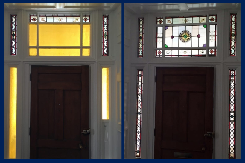 Comparison of a wooden door with stained glass windows above and on the sides, showing an unlit yellow stained glass panel on the left and a more decorative stained glass panel with colorful patterns and a medallion on the right.