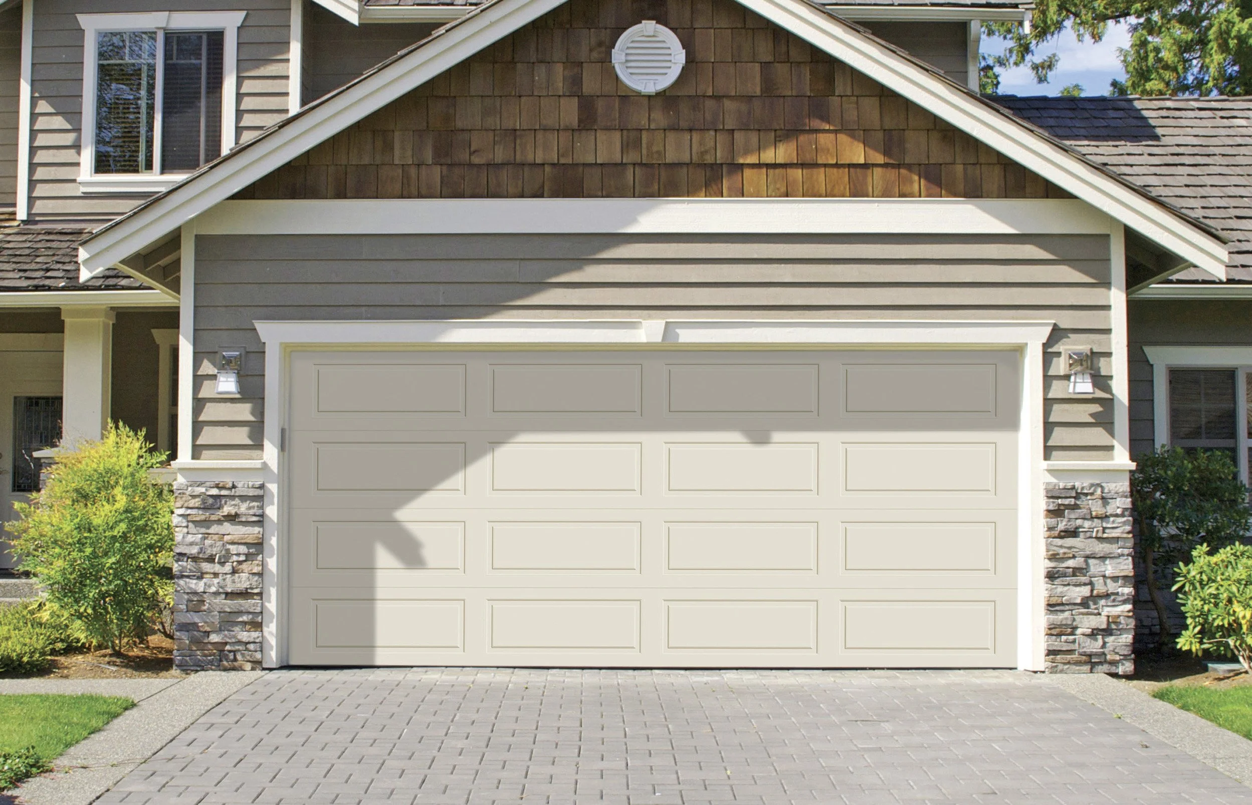 Beige Steel Traditional Raised Panel Garage Door