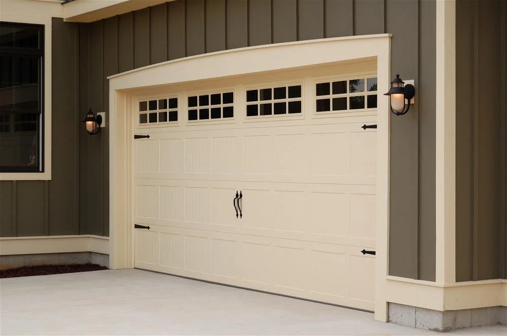 One Stamped Carriage House Garage Carriage Door on Dark Green House