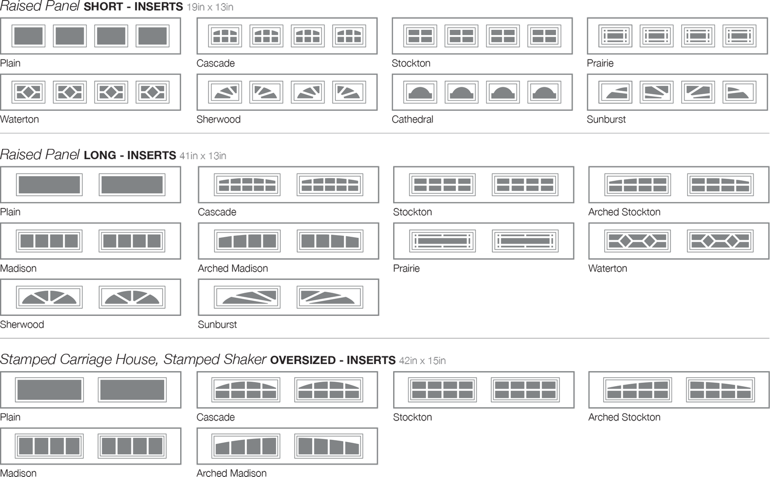 A chart showing different styles of window inserts for raising panels, categorized into types such as short, long, and oversized. Styles include Plain, Cascade, Stockton, Prairie, Waterton, Sherwood, Cathedral, Sunburst, Arched Stockton, Madison, Arched Madison, and Arched Stockton, with detailed visual representations of each style.
