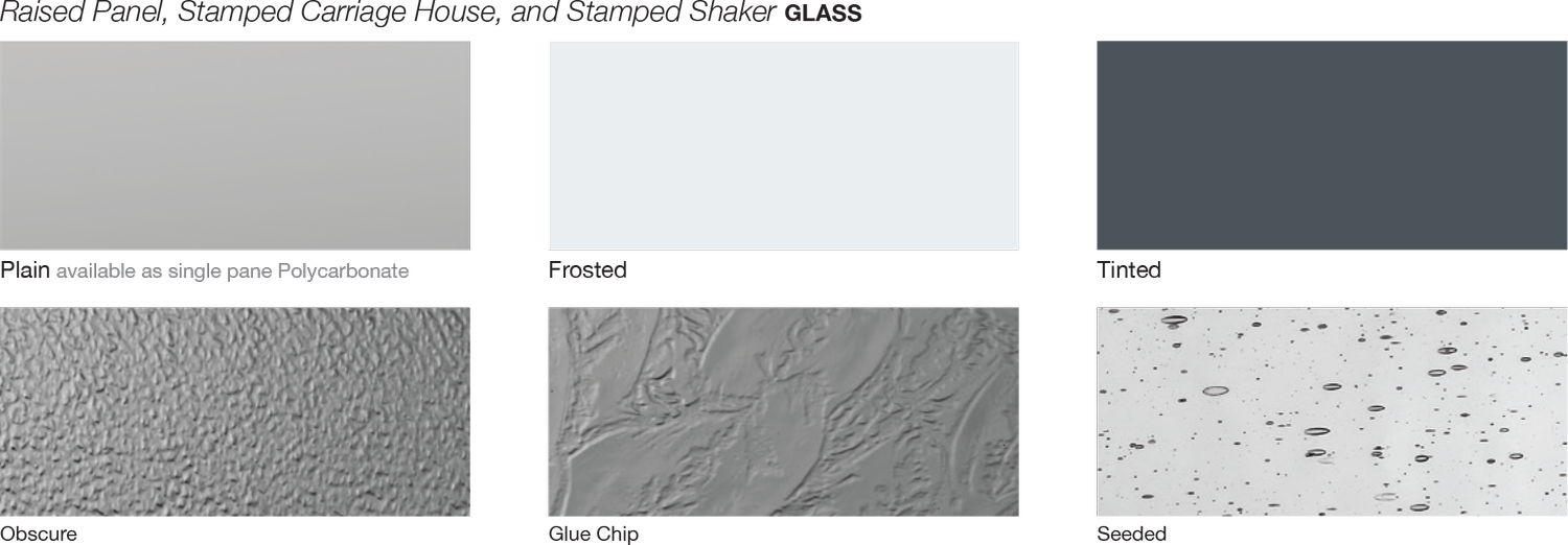 A collection of six different textured glass samples shown in a grid, including plain, frosted, tinted, opaque, glue chip, and seeded styles.