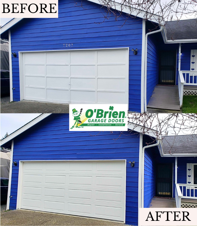 steel back fully insulated garage door northwest door model therma tech 128 long raised panel in white with no windows with vinyl trim and LiftMaster Chain Drive 8165w- 7 before and after