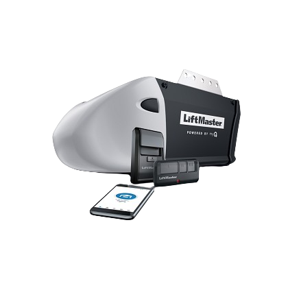 LiftMaster garage door opener with Wi-Fi connectivity, remote control, and smartphone access.