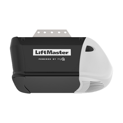 LiftMaster garage door opener with a black and white design and a power source labeled 'powered by myQ'.
