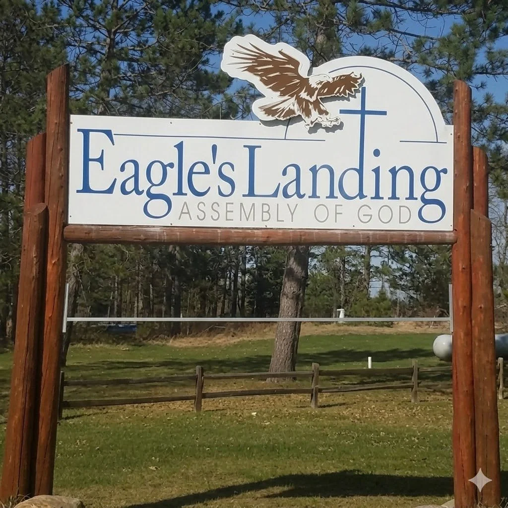 A sign for Eagles Landing Assembly of God with an illustration of an eagle flying above the text, mounted on wooden posts in a grassy area with trees in the background.
