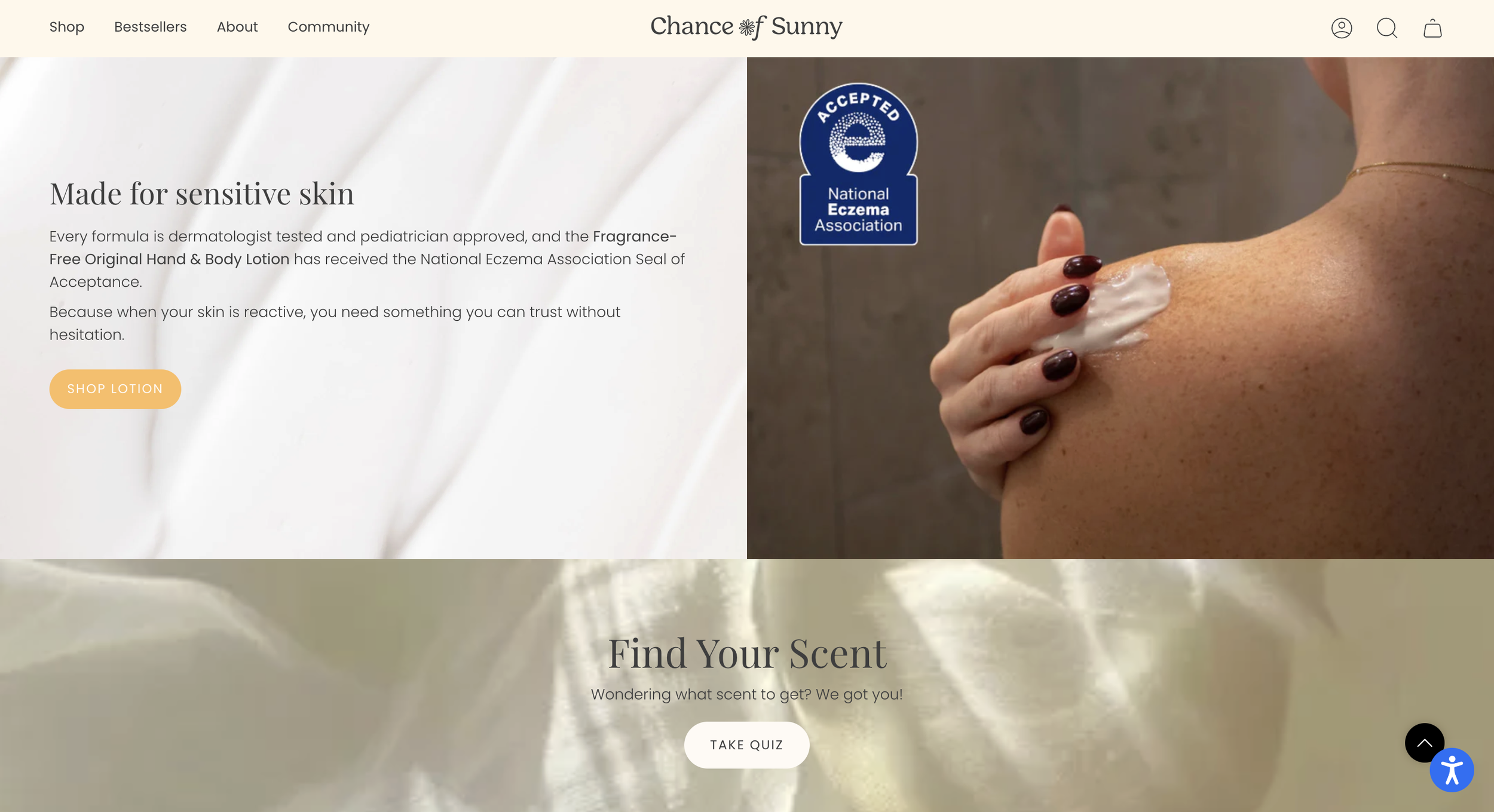 Homepage: Added the hero product that has the National Eczema Association Seal of Acceptance for credibility. I also made a short quiz for engagement.