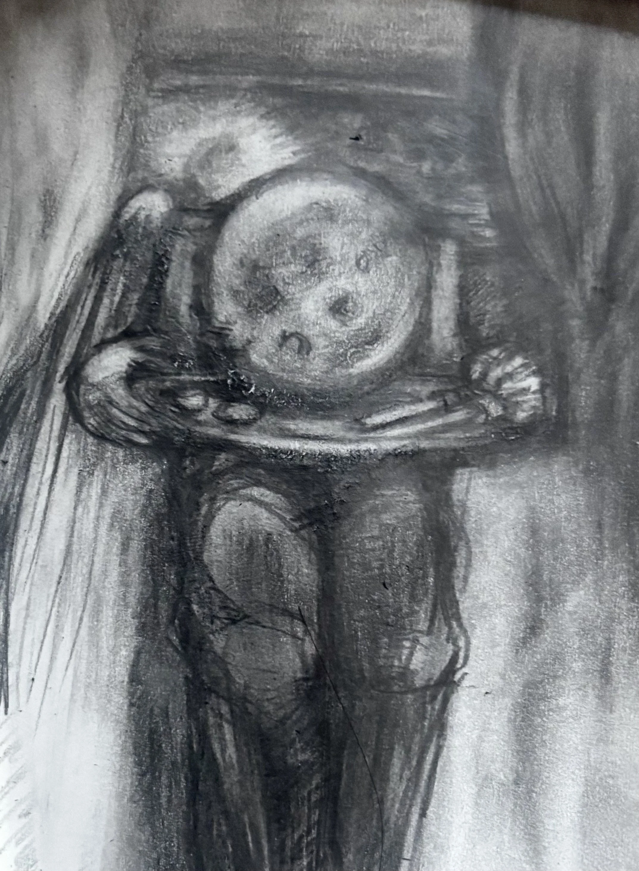 "I envy the natural becoming of a sunrise ", 2026
Graphite and Conté on paper.
Hand sketch inspired by my writing. Personification of the moon and sun and reflection on depression.