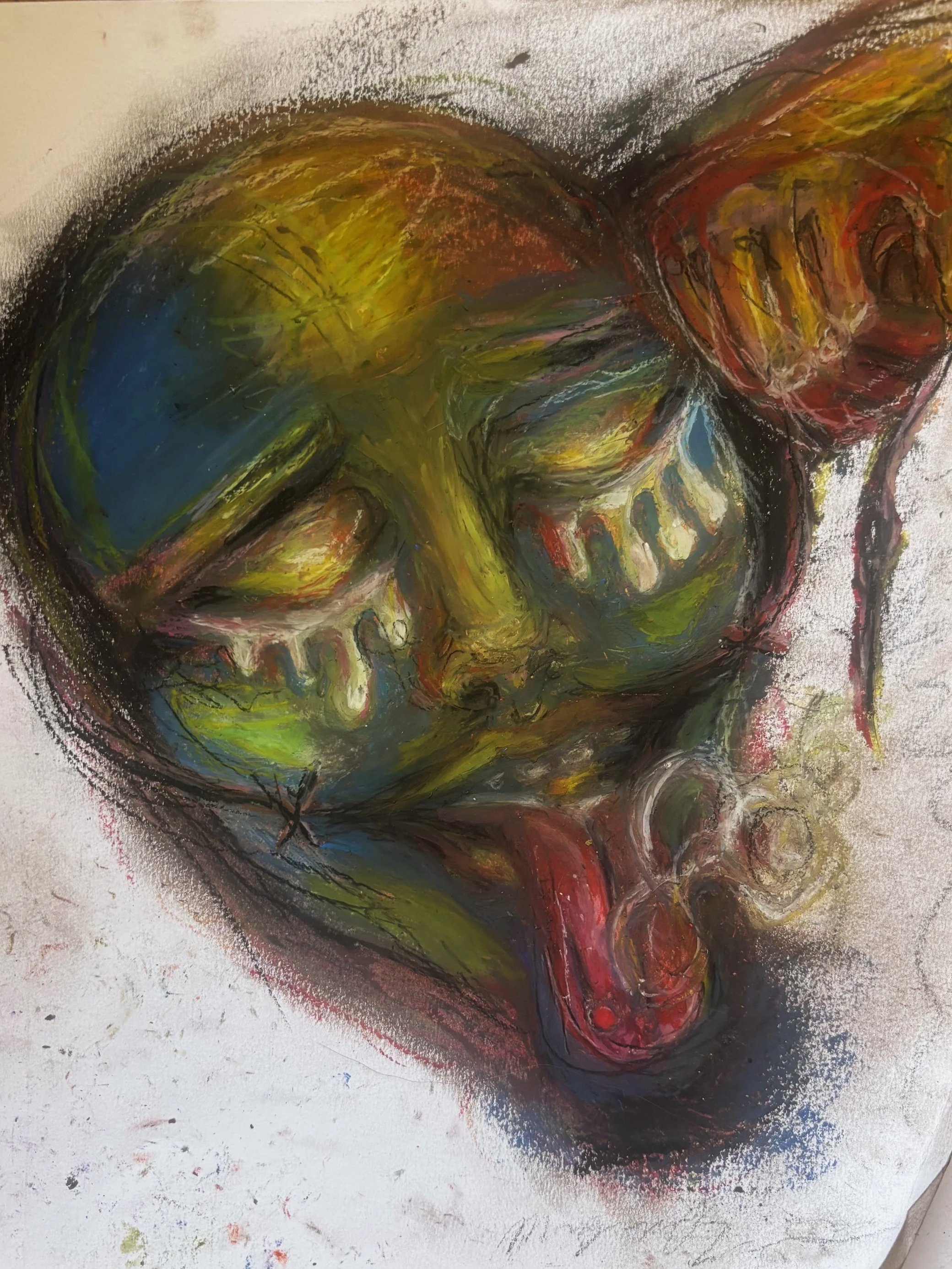 “I’m Useful Until the Light Runs Out”, 2026
9” x 12”
Oil pastel and conté on mixed media paper 
A piece on greed and burn out inspired by my writing.  