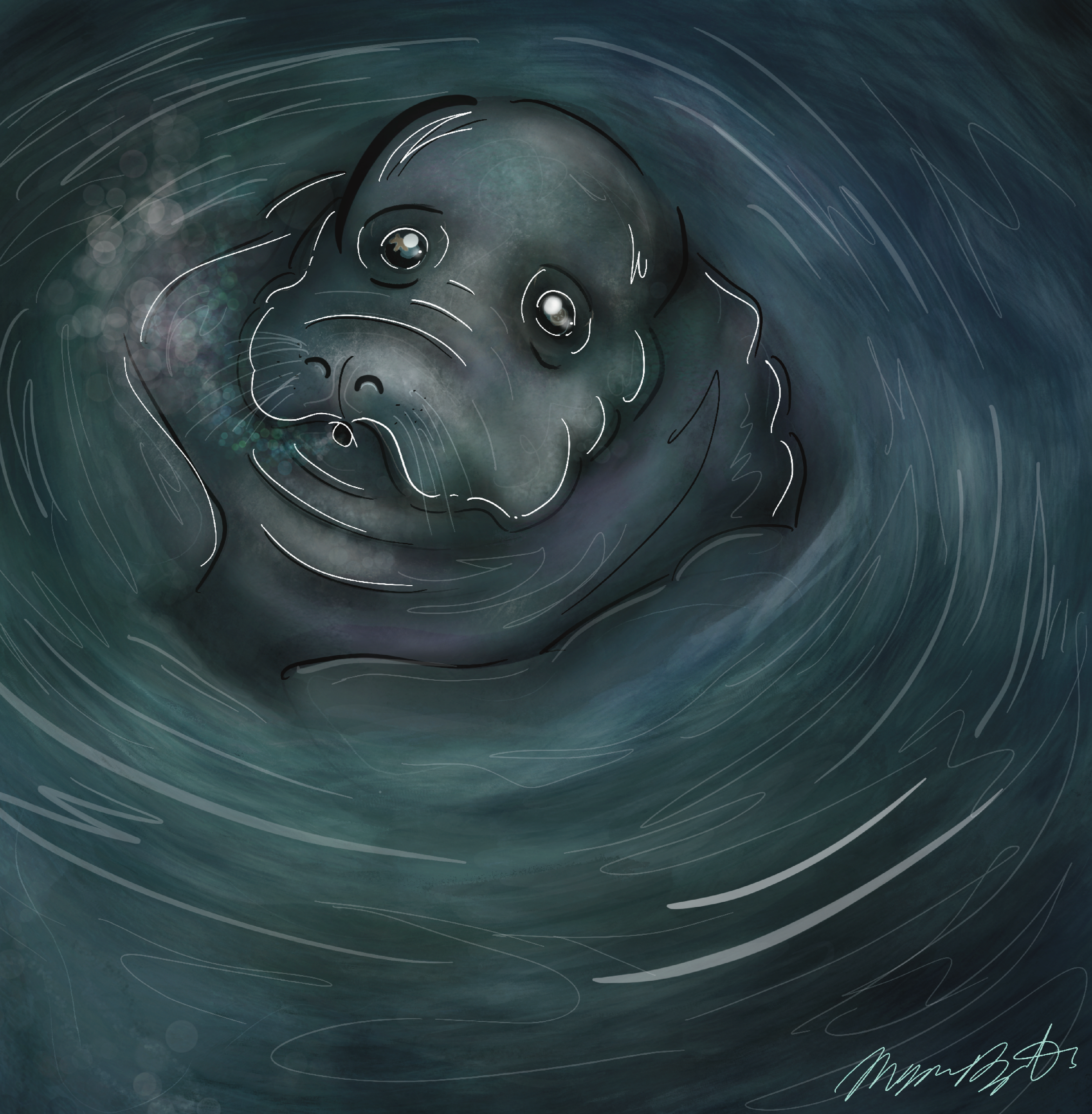 "Manatee", 2026
Digital Illustration (Procreate)
2048 x 2048 px
Intuitive drawing. Finding shapes, movement, and direction for concept from randomized lines and brushstrokes.