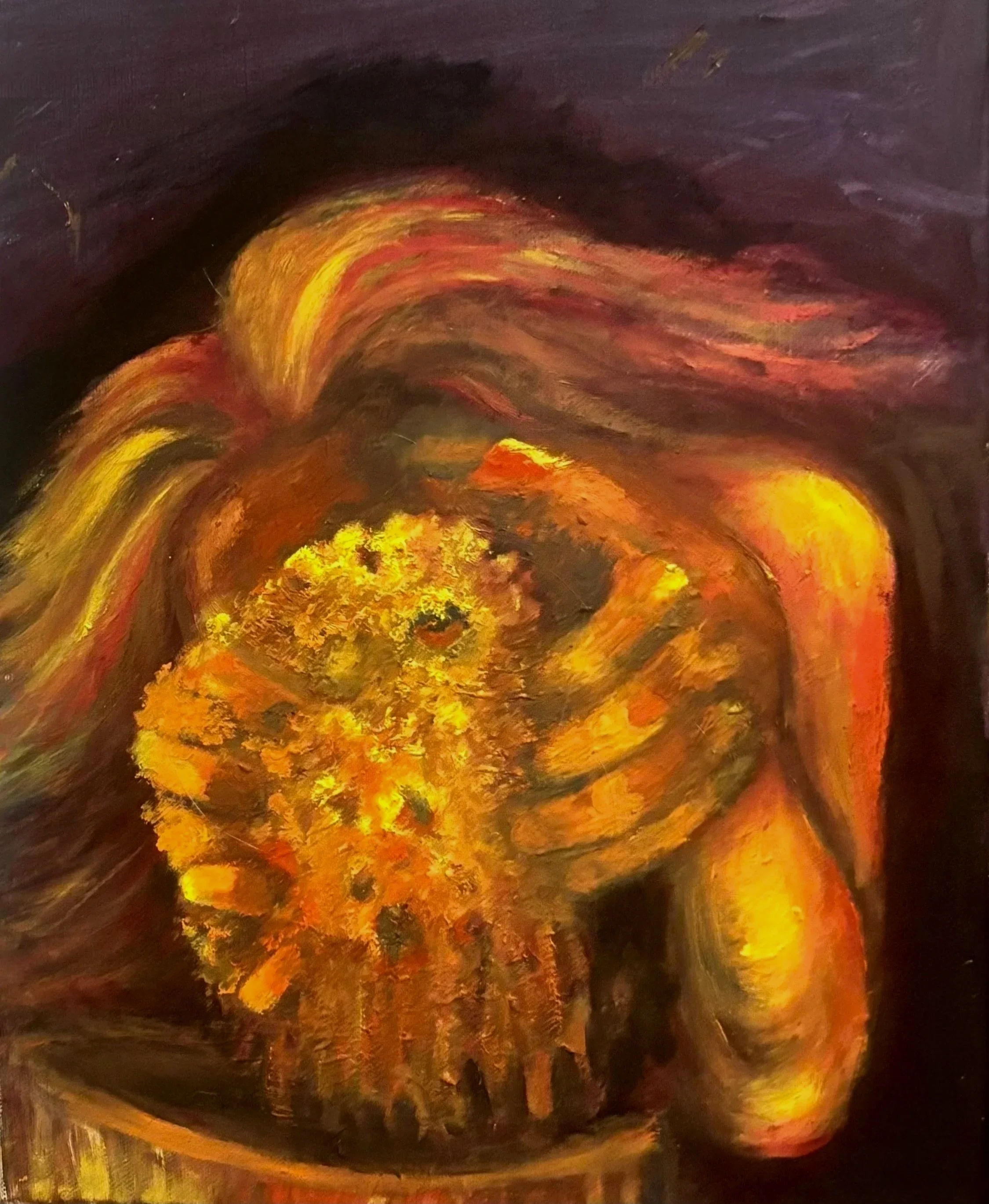 “I am the disintegration of myself”, 2025/2026
14” x 11”
Oil on canvas 
The piece that brought me back into art. Exploration of self, disassociation and trauma; WIP
