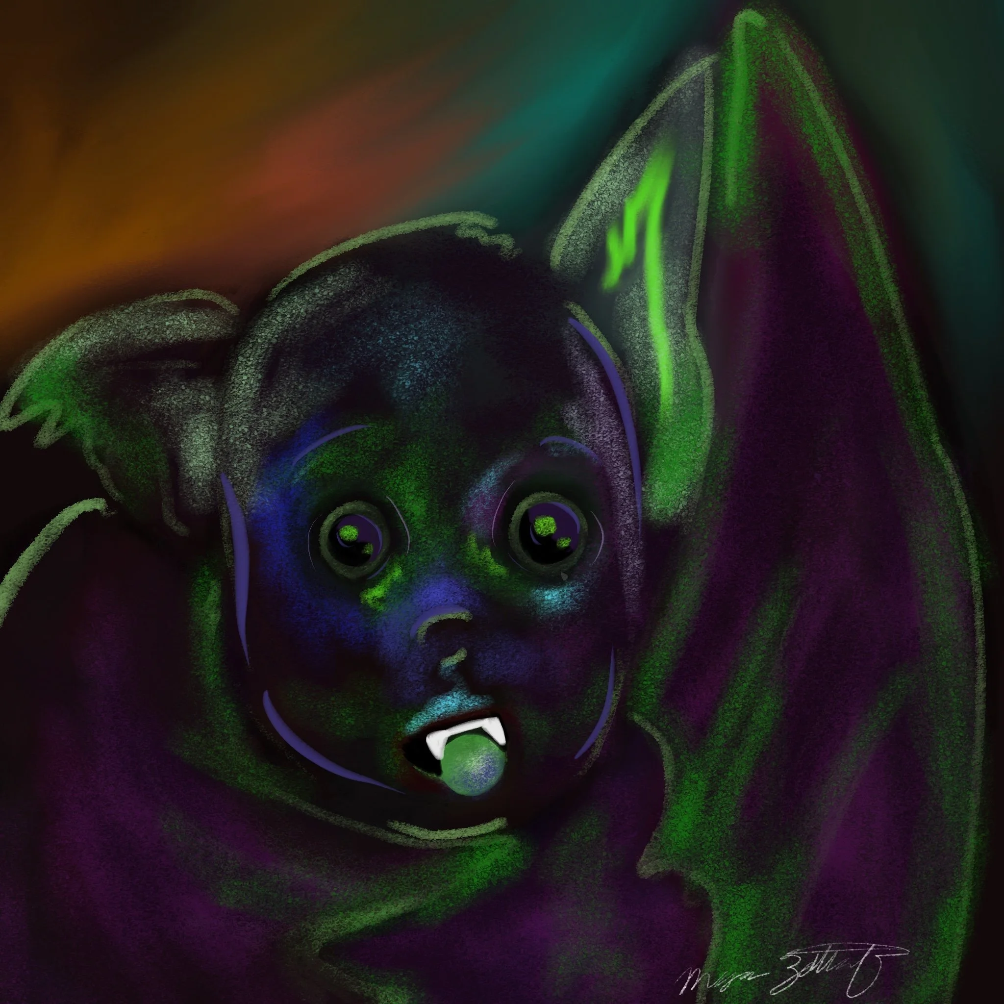 "I'm just a bat", 2026
2048 x 2048 px 
Digital Drawing (Procreate)
Inspired to start a series on more misunderstood and 'spooky' creatures. 