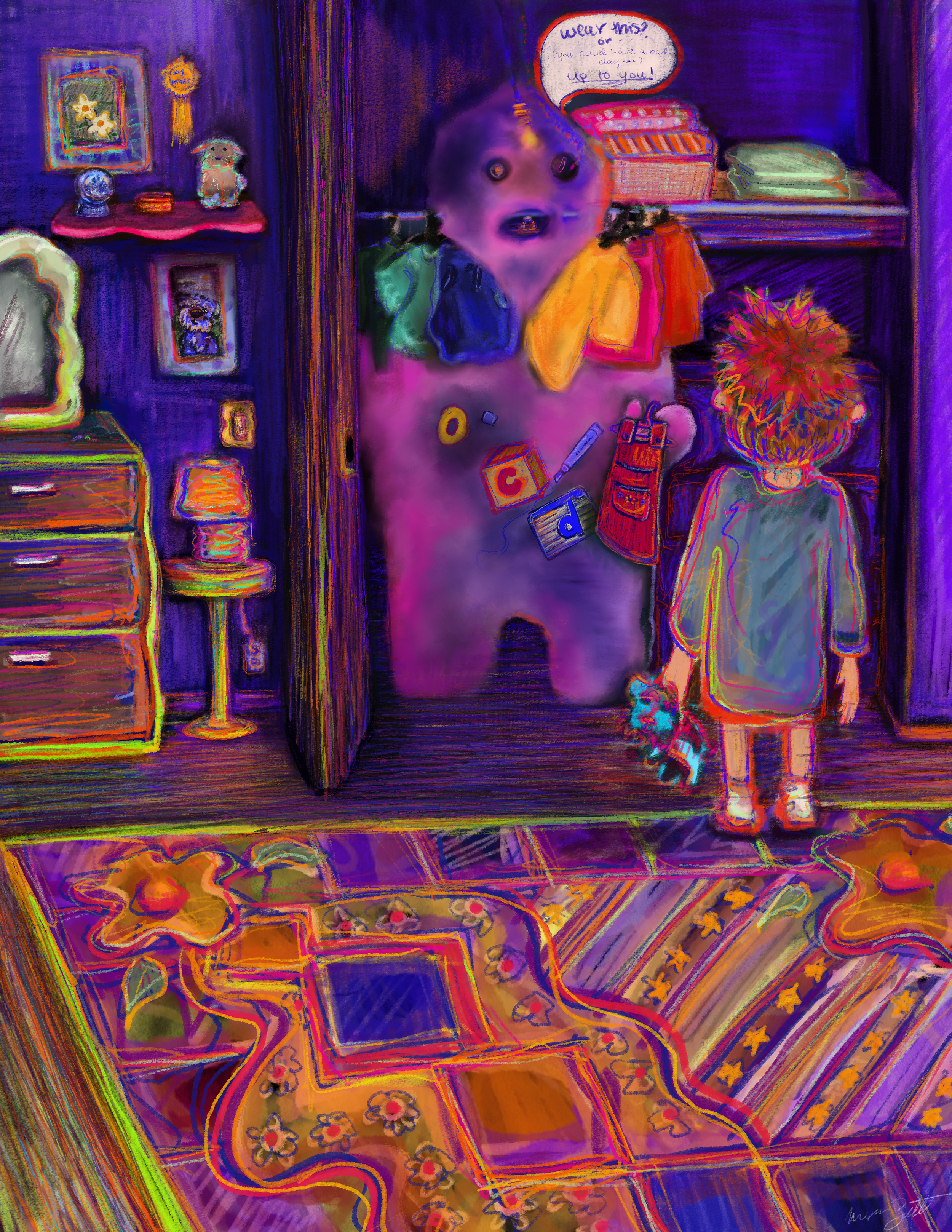 "The final boss", 2026
Digital Illustration (Procreate)
8.5” x 11”
Exploration of OCD as a tangible creature. Made with the idea of it as an illustration for a children’s book. Pastel and water color style.