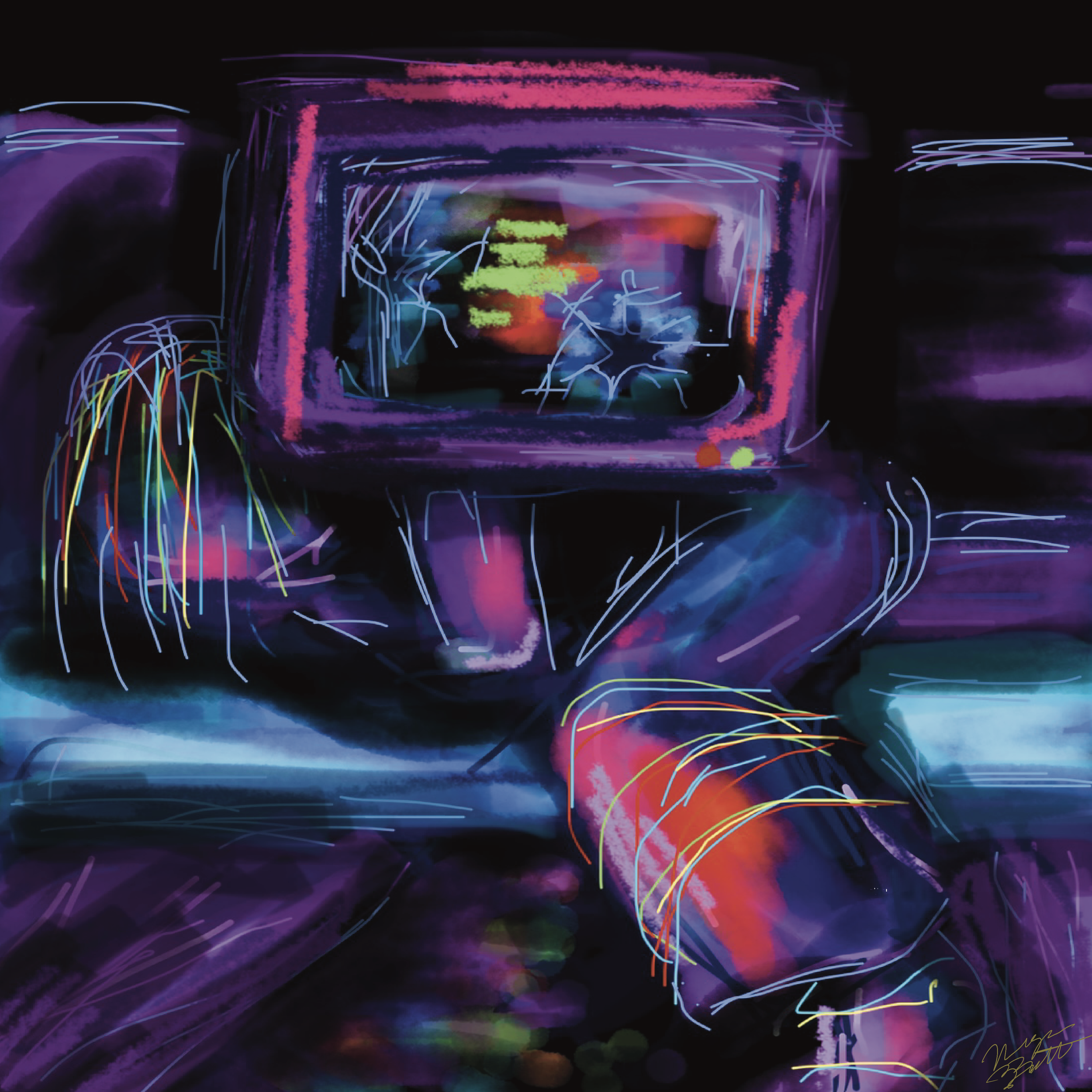 "Digital Age", 2025
Digital Illustration 
Concept sketch on losing touch with reality and the weight of consumption. 