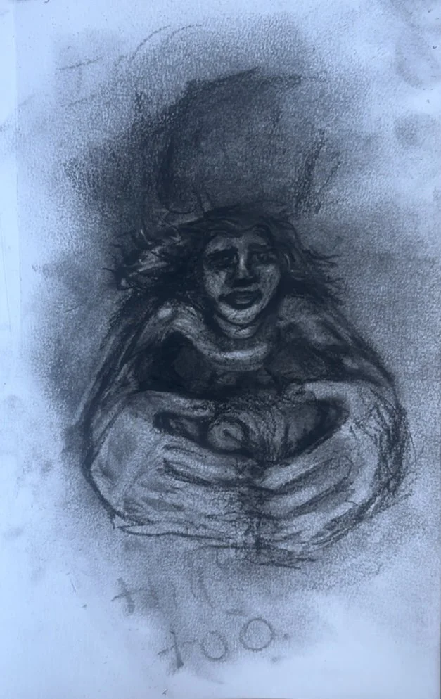 "I guess I’m a sinner for that, too", 2026
9” x 12” 
Charcoal, contè and graphite on mixed media paper
Reductive drawing inspired by my writing exploring kindness, compassion, society, and religious upbringing. 