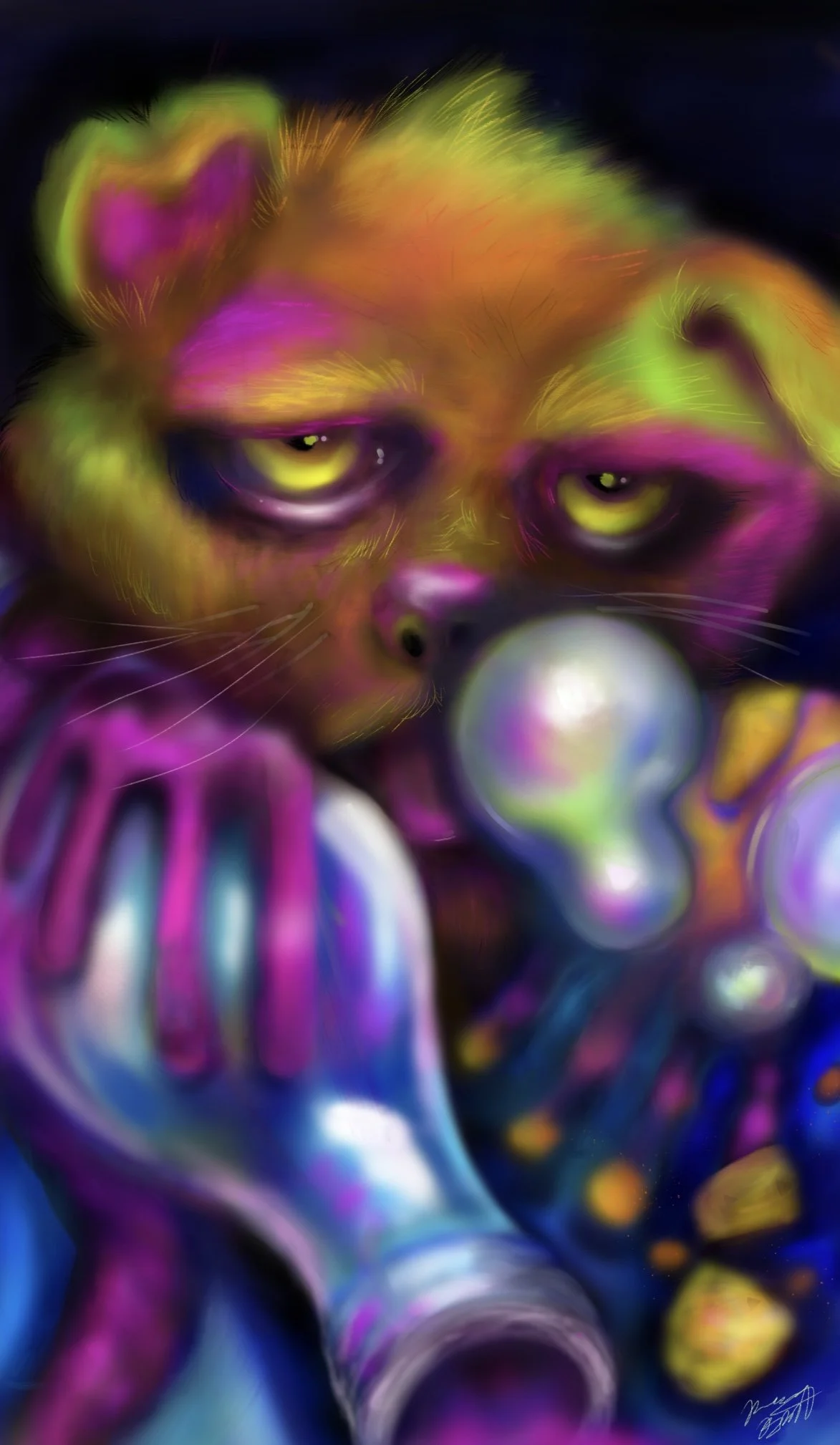 "Party on the Porch", 2025
Digital Painting (Sketchbook) 
Inspired simply by the rats getting into the back porch and trying to break into the liquor. A silly conceptual look into their world.